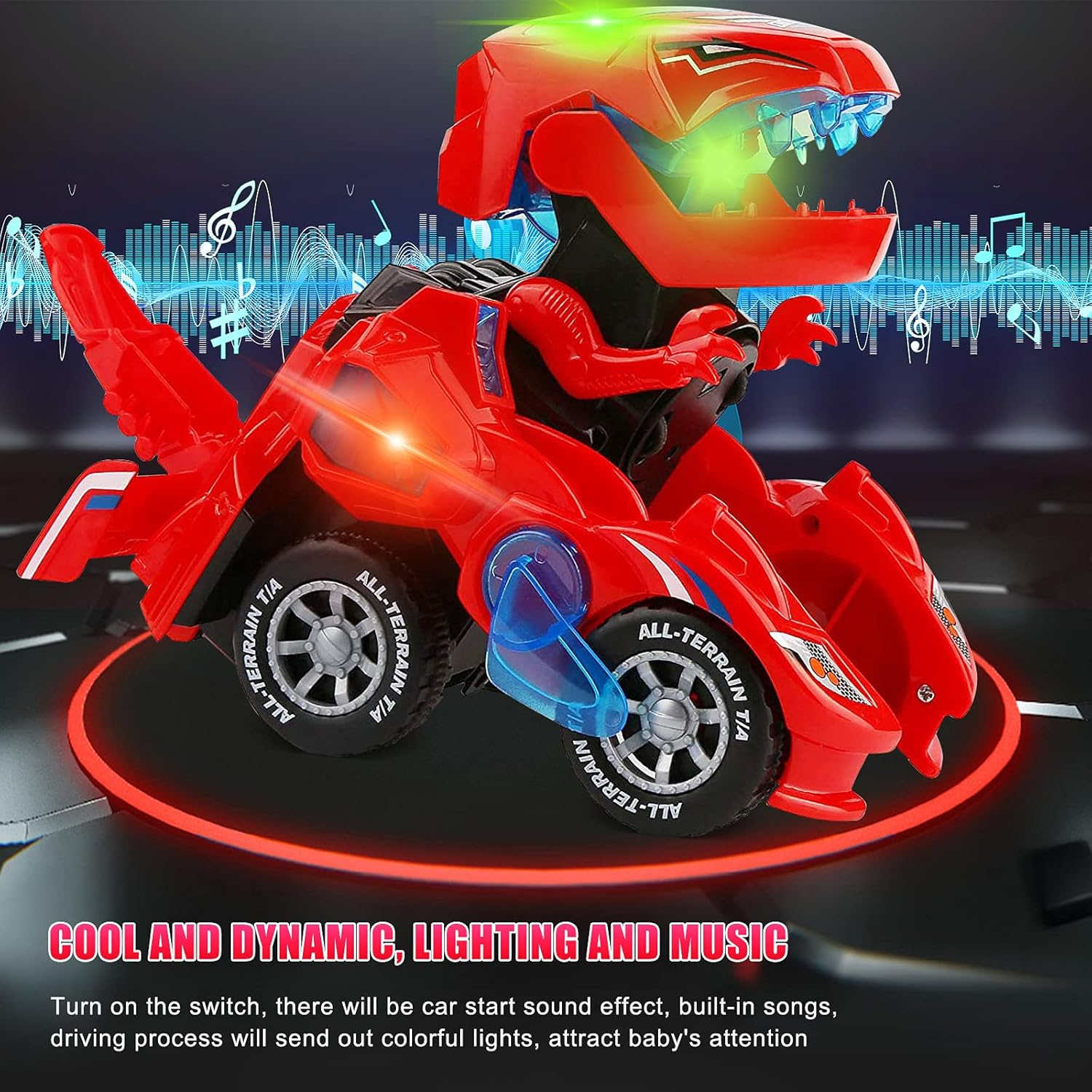 Transforming Dinosaur LED Car with Light and Music, Dinosaur Toys for Kids 3-5-7, Dino Toy Cars Christmas Birthday Gifts for Toddlers Boys Girls (Red) image number 5