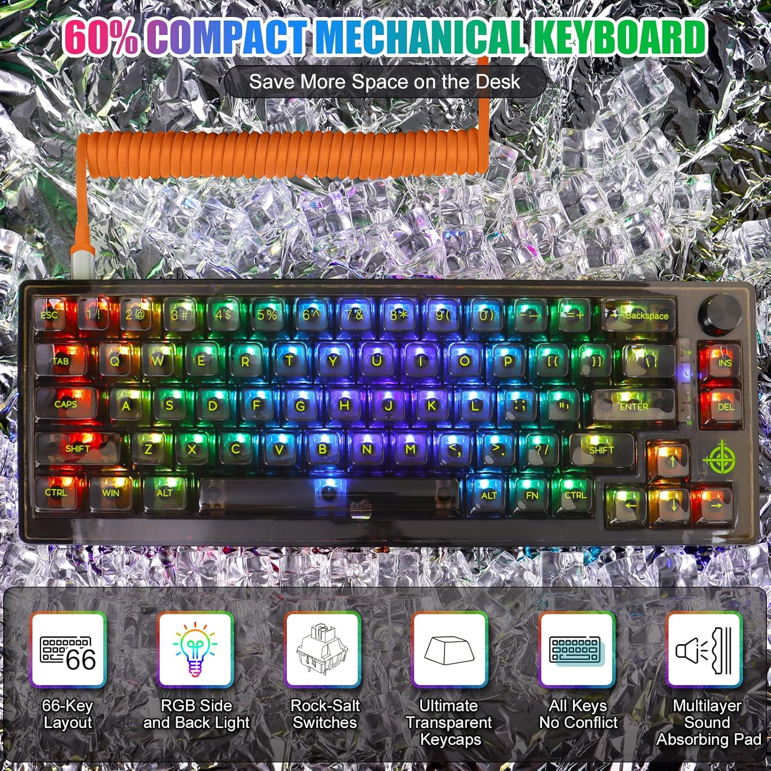 MAGIC-REFINER MK31 60% Wired Hot Swappable Mechanical Keyboard with Transparent Keycaps, Compact 66 Keys Chroma RGB Backlit Ergonomic Custom Gaming Keyboard Knob Control for PC/MAC image number 6