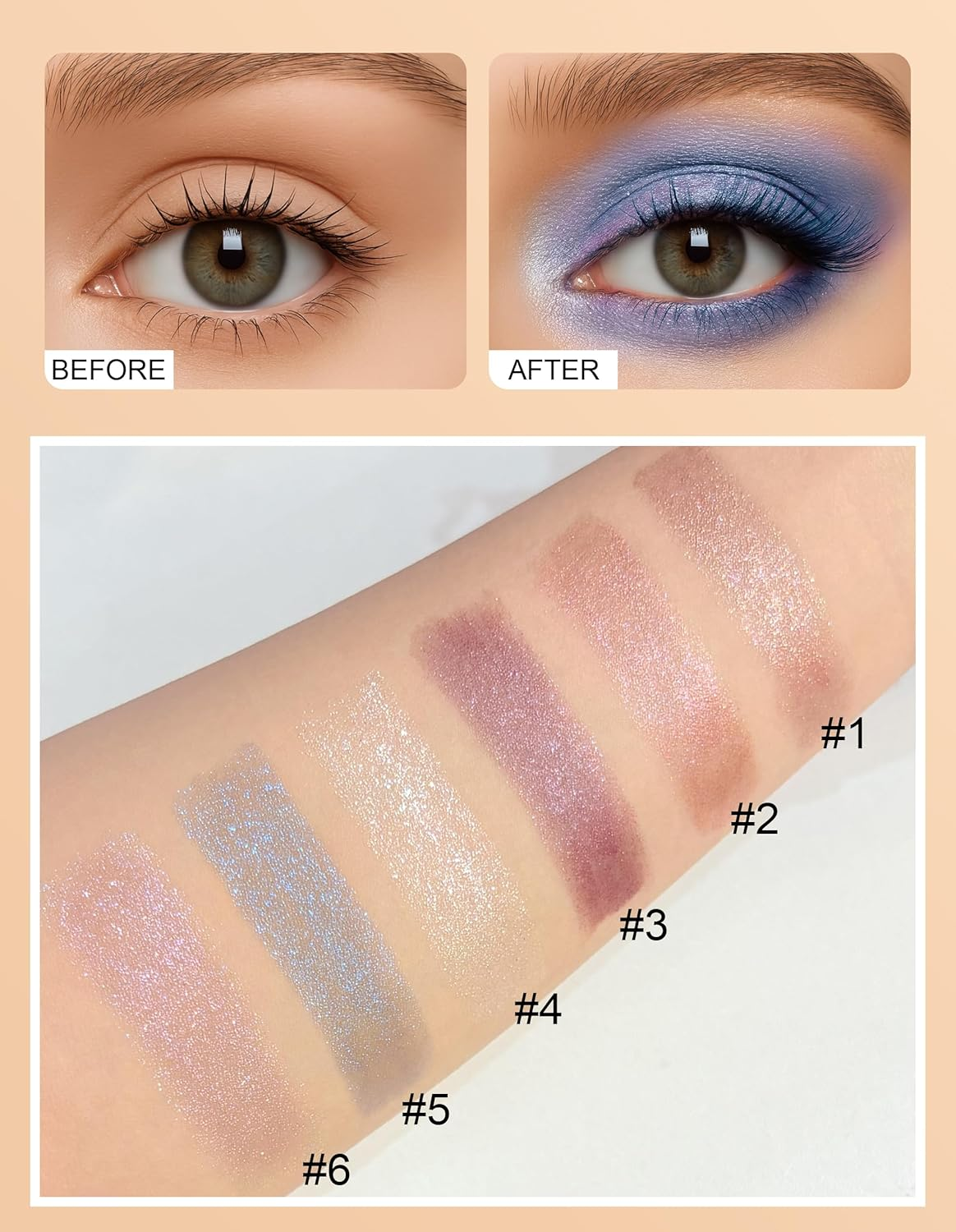 Erinde Glitter Eyeshadow Stick, Waterproof Eyeshadow Shimmer Stick, Smooth Cream Eye Shadow Sticks, Korean Makeup Brightener Pencil, Easy to Blend Long Lasting Shimmer Eyeshadows 05# - 04 image number 4