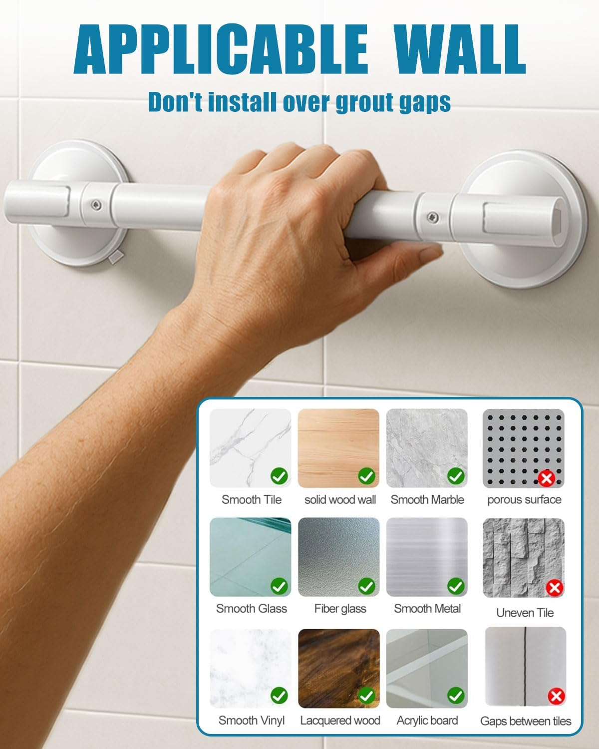 Grab Bars for Bathtubs & Showers - 2 Pack Grab Bar Strong Suction for Seniors and Elderly, Removable Bathroom Shower Handle 45CM / 17.72Inch, Heavy Duty Safety Grip Handrails, No Drilling
