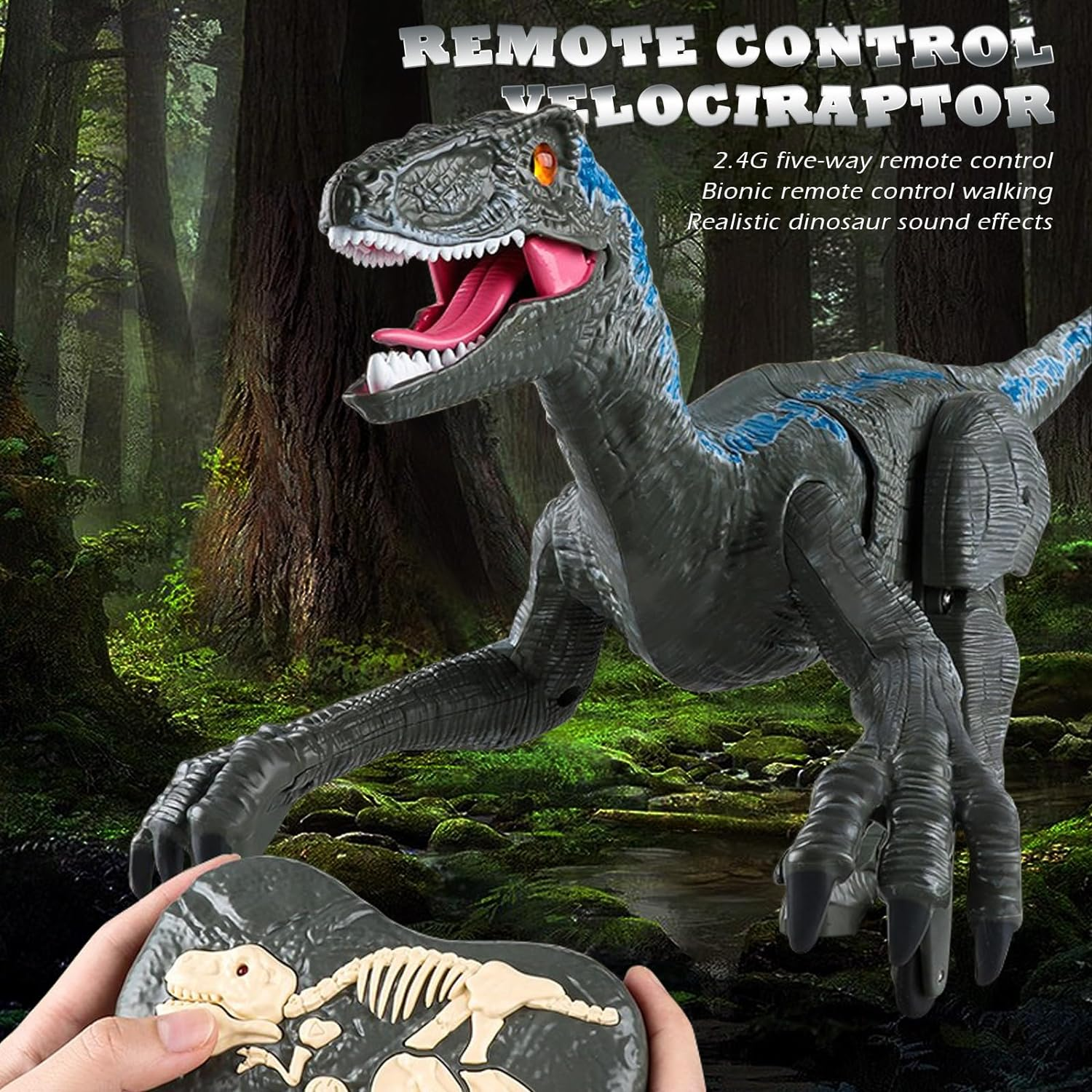 Peeokuo Remote Control Dinosaur for Kids,2.4G Electronic RC Toys Velociraptor with 3D Eye Shaking Head and Tail & Roaring Sounds, Indoor Robot Dinotoys for 3-5 5-7 8-12-Year-Old Gifts image number 2