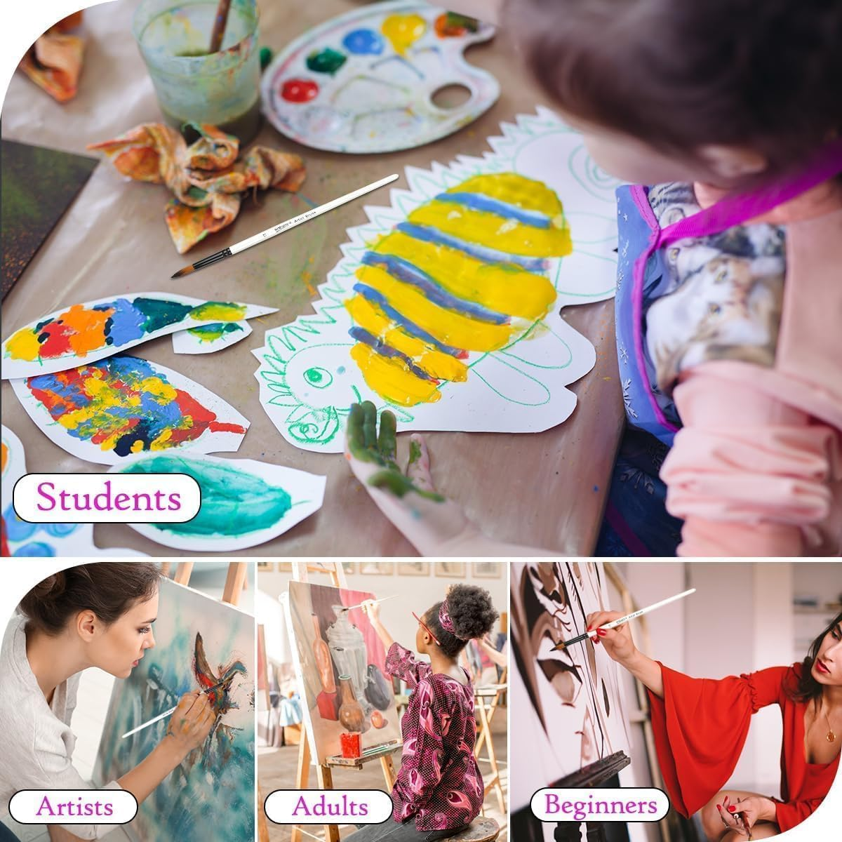 48 Pcs Paint Brushes,Artist Acrylic Paint Brush,With Round,Angled,Flat and Hazelnut Brush,For Watercolor Acrylic Painting Nail Art,Body Painting,Face Paint,Rock,Gouache Oil Paint,Fabric Paint image number 4