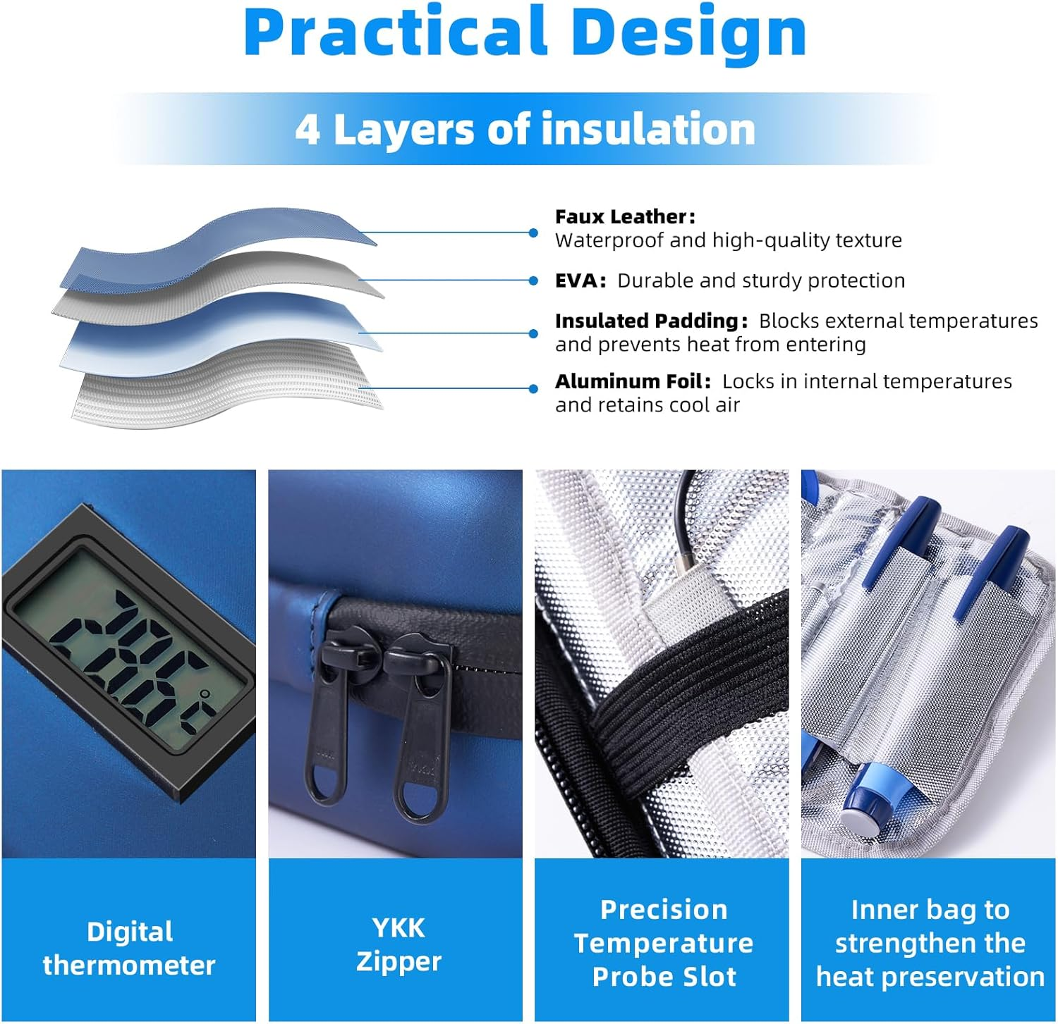 24H Insulin Cooler Travel Case TSA Approved - Medication Diabetic Cooler with Thermometer Temperature Display | Refrigerated Medicine Organizer Bag with 2 Ice Packs for Travel（Blue） image number 2