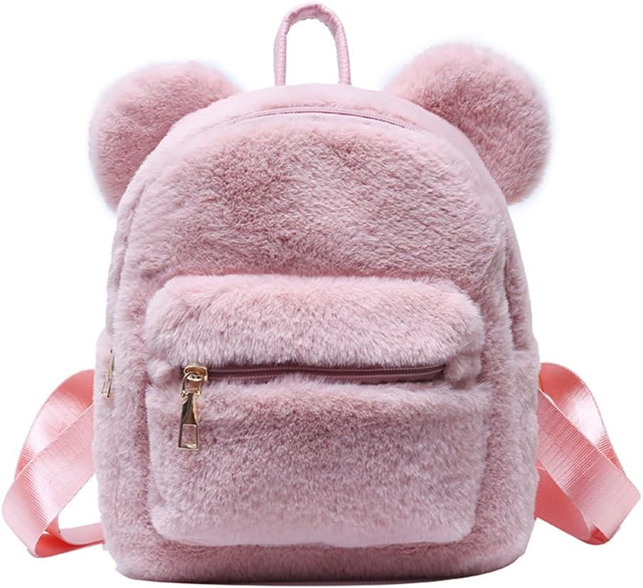 Cute Fuzzy Bear Ears Backpack Kawaii Soft Fluffy Casual Daypack Mini Shoulder Bag Purse for Girls