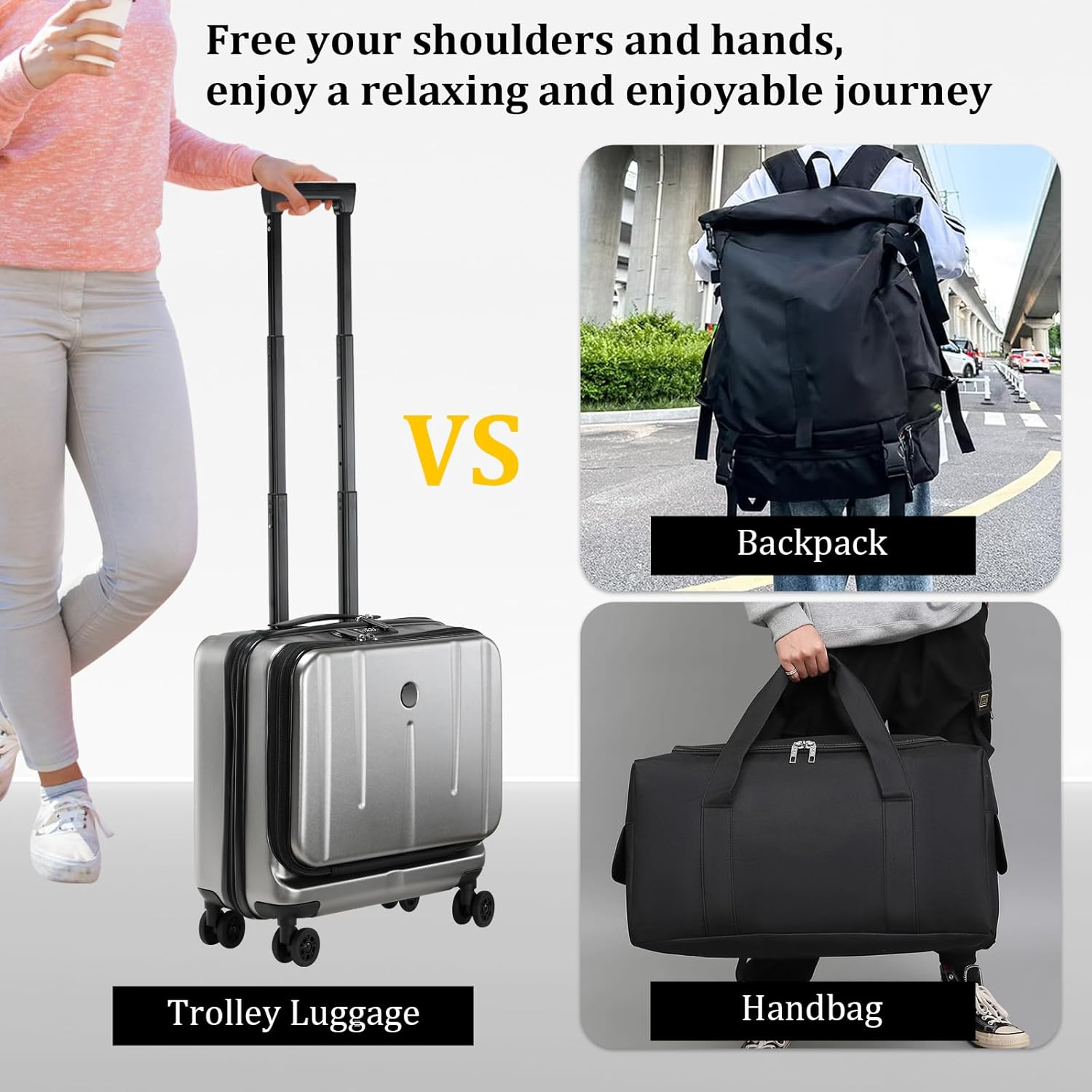 16 Inch Carry on Luggage with 2 Compartments for 14&rdquo; & 15&rdquo; Laptop, 16.14 * 8 * 17.12&rdquo; Rolling Briefcase, Lightweight Hardshell ABS+PC Suitcase with Spinner Silent Wheels, for Business Trip, Dark Gray image number 2