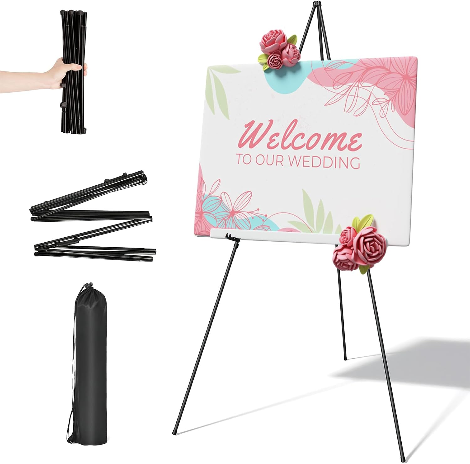 Easel Stand, Instant Floor Poster, Lightweight, 63'' Foldable Artist Easel for Wedding Banner, Painting Canvas, Poster, Adjustable Metal Easel with Portable Bag