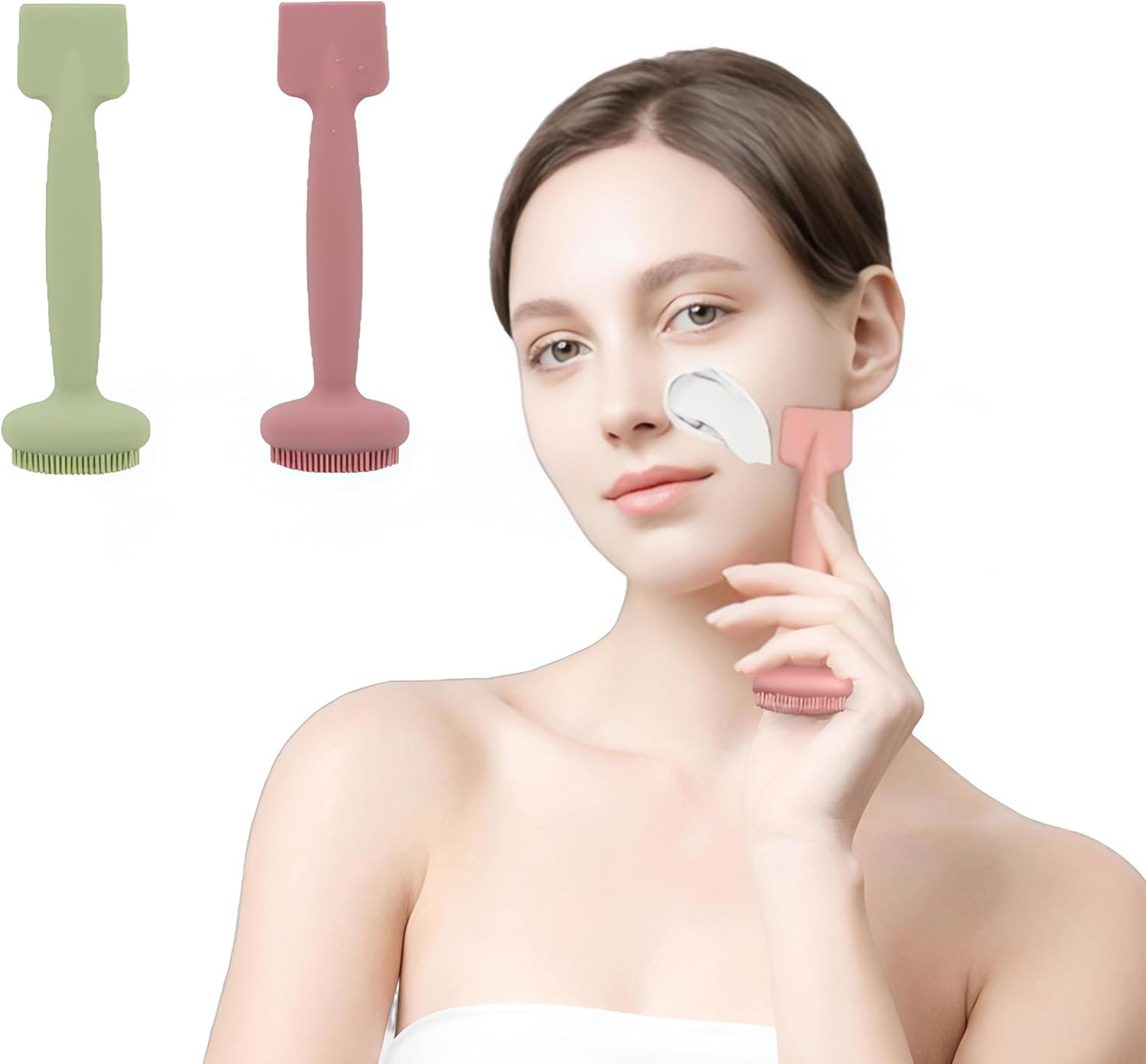 2-Pack Face Makeup Brushs - Matcha Green & Pink | Dual Ended Silicone Hygienic Face Applicator for Clay Masks, Cleansing & Skincare | Easy Clean Makeup Tool Set image number 2