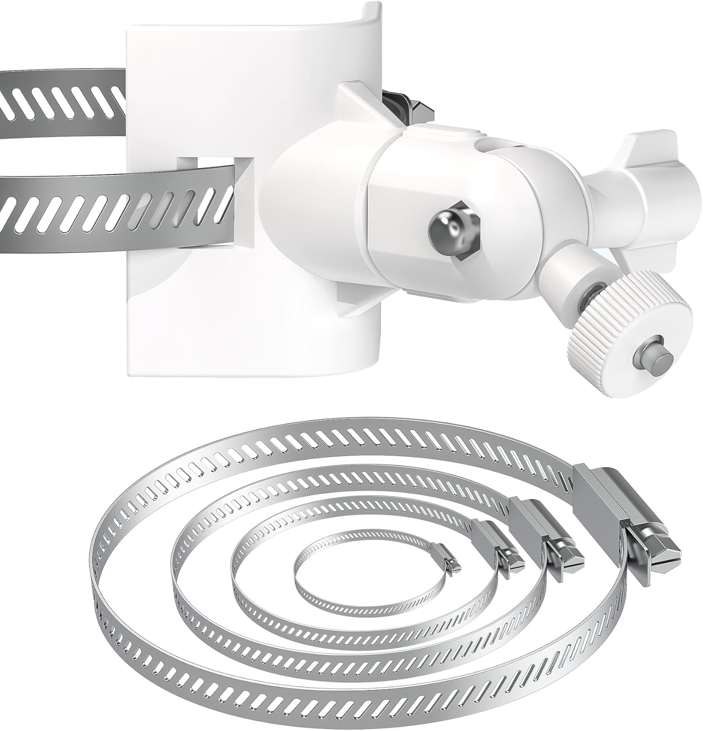 Universal Adjustable Stainless Mount Bracket Outdoor Security Camera 360 Degree Hoop Hose Clamp Pipe Poles Mount No-Drill Holes Compatible with Reolink/Nest/Arlo/Eufy/Wyze and Other Camera (White) image number 2