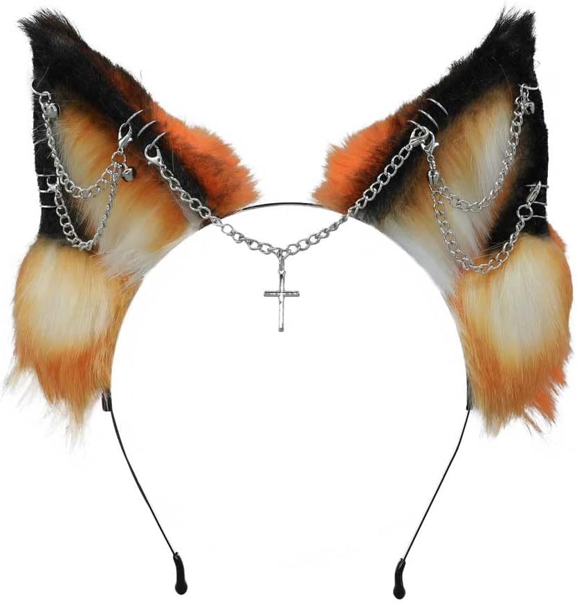 VIGVAN Handmade Wolf Fox Ears Animal Cosplay Cute Head Accessories for Halloween - Black image number 4