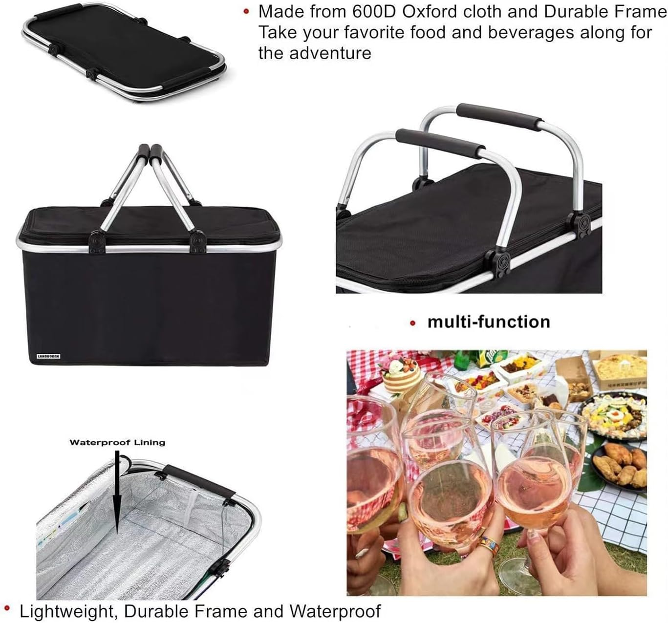 Picnic Basket Cooler Grocery Bag Laundry Basket Collapsible Portable Foldable Insulated Strong Aluminum Frame Handle for Travel, Shopping, Camping Colour Sent at Random image number 2