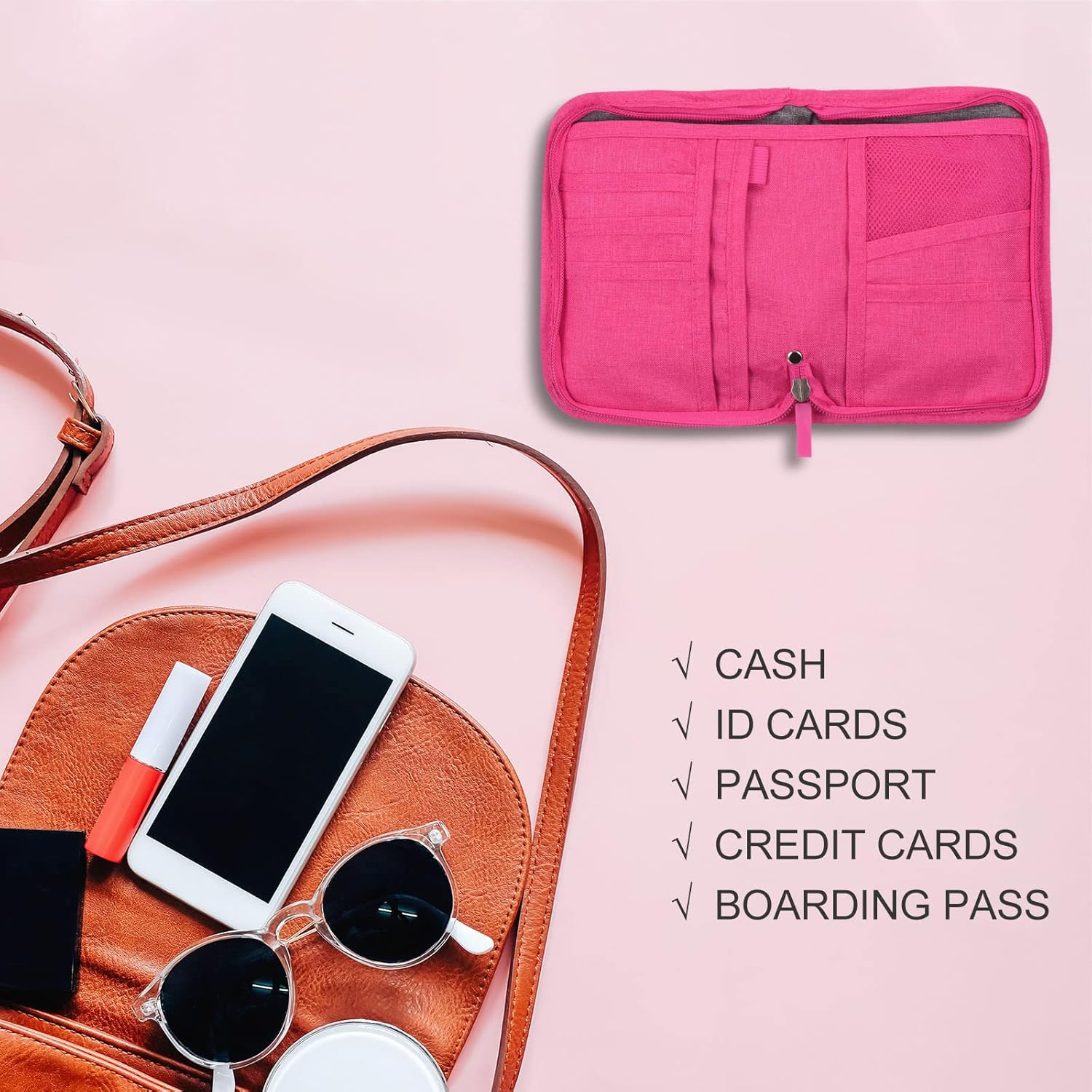 Uxcell Travel Document Organizer, Travel Passport Wallet Family Passport Holder RFID Blocking Clutch Bag Card Case for Women & Men, Rose Red