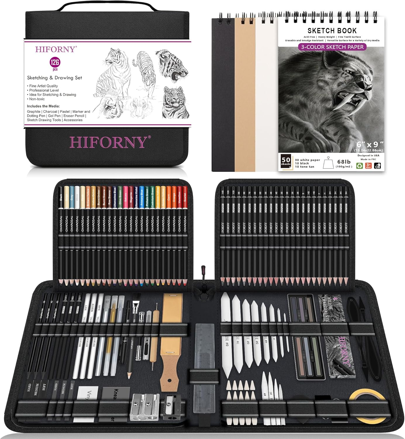 HIFORNY 126 PCS Drawing Kit Sketching Pencil Set,Sketch Pencils Art Supplies with 3-Color Sketchbook,Graphite,Charcoal,Blending and Drawing Tools,Drawing Pencils for Adults Artists in Zipper Case image number 6