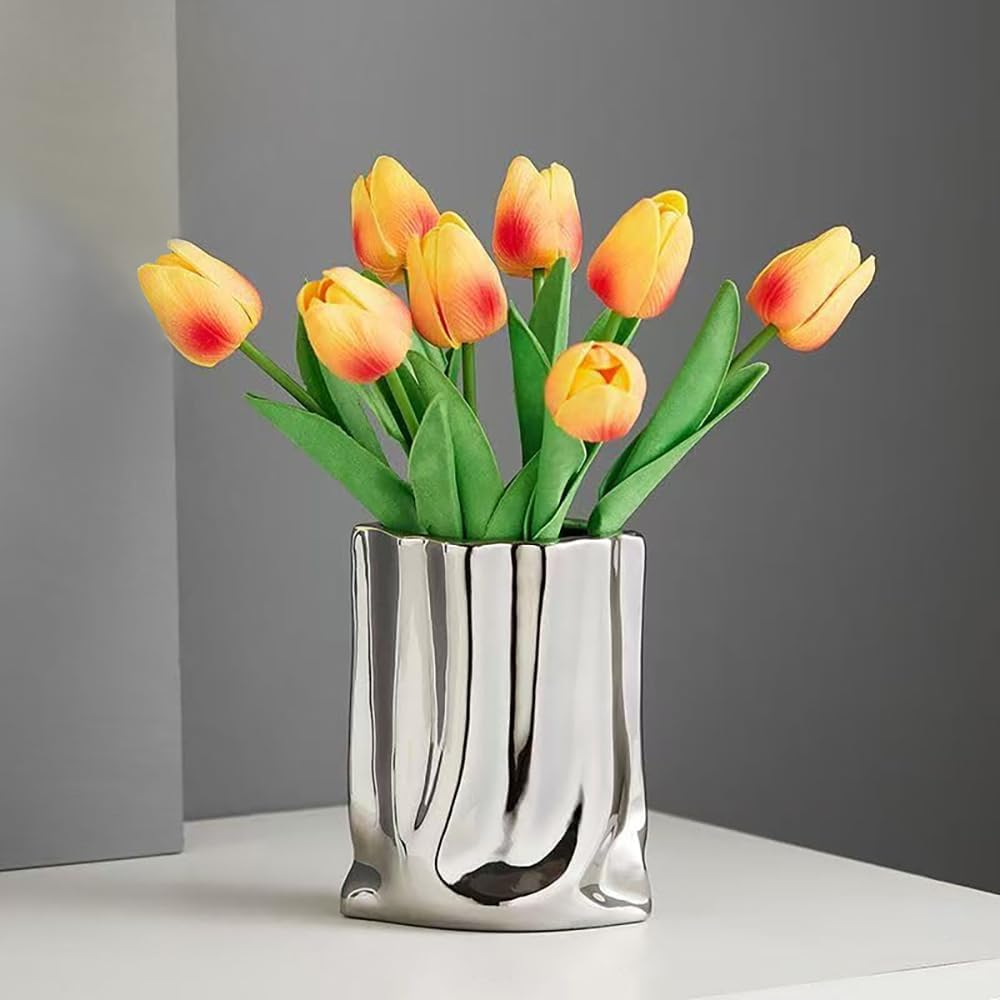 Hbluefat Fake Flowers with Vase, Silk Tulip Artificial Flowers in Flat Ceramics Vase, Small Faux Flower Arrangement for Home Office Decoration, Dining Table Centerpiece (Sunset Red,Silver) - Champagne,Gold image number 4