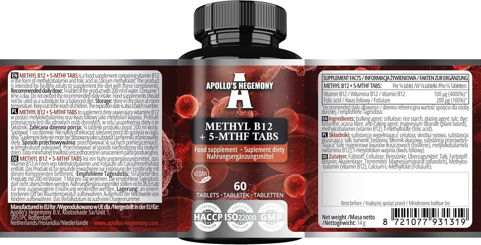 Methyl B12 + 5-MTHF 300 Mcg - Vitamin B12 and Folic Acid - 60 Vegan Tablets - 8 Months Supply - Energy and Well-Being Support - Diet Supplement by Apollo'S Hegemony image number 1