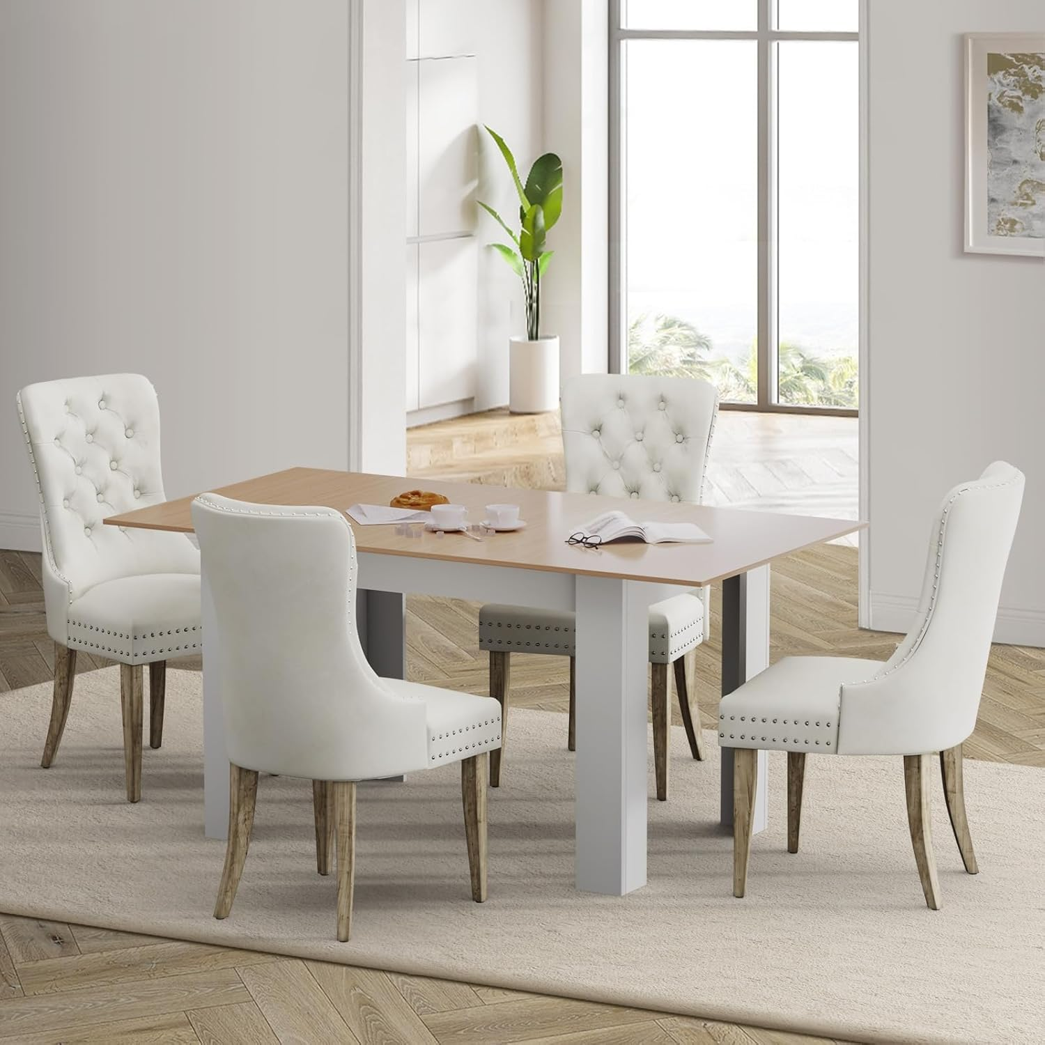 Oikiture Dining Table and Chair Sets 7Pcs Home Dining Sets with Wooden Table and Velvet Chairs