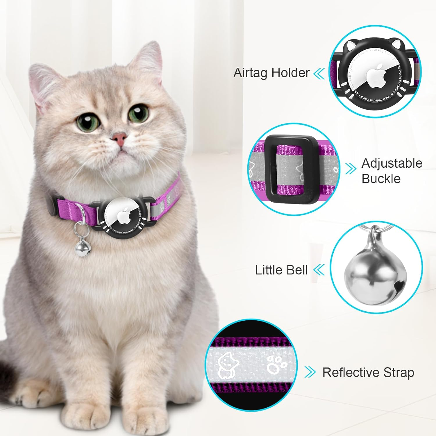 Agoumlux Airtag Cat Collar, Airtag Compatible, Reflective with Safety Clasp, Bell, Purple, S (23-33 Cm) image number 2