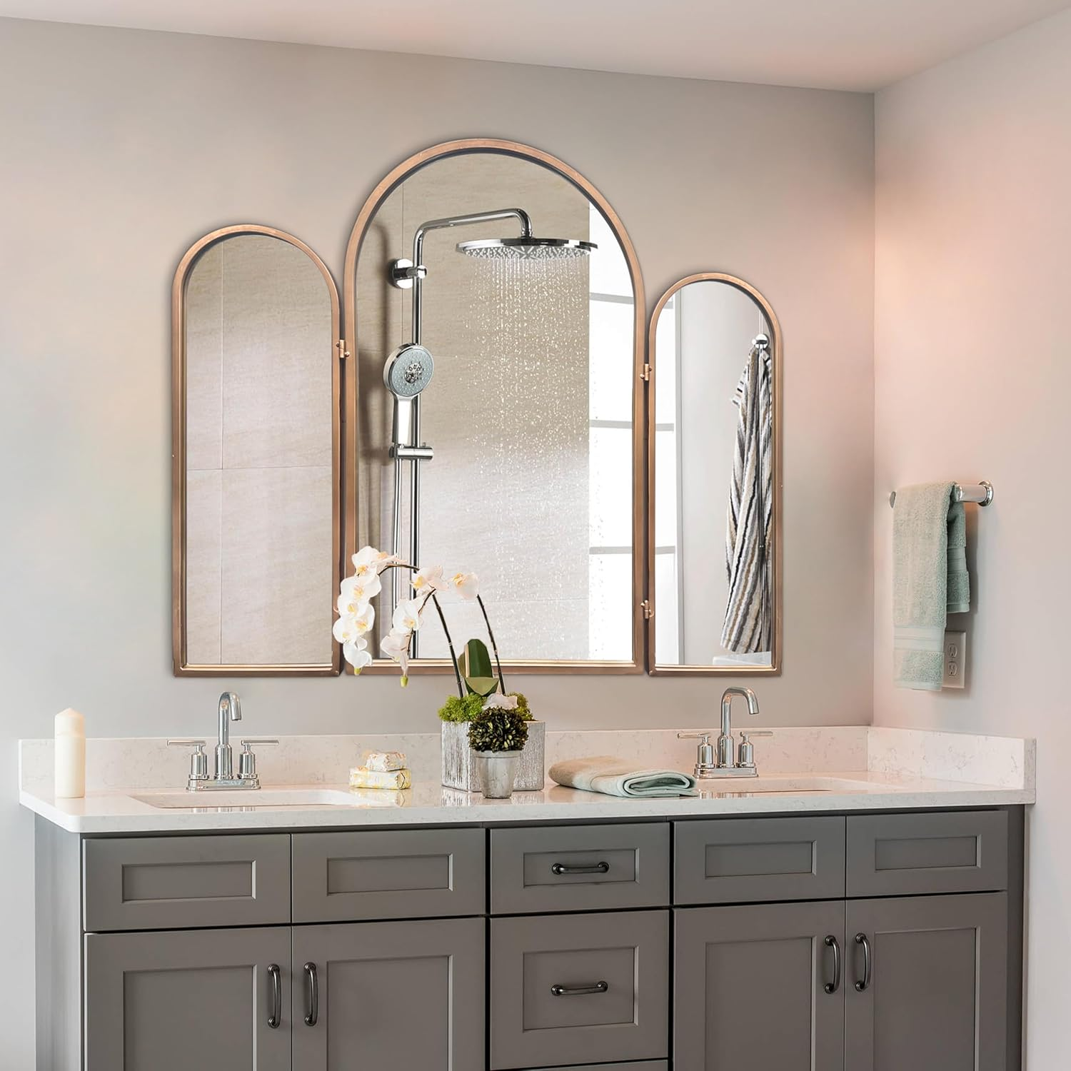 BAODANFU Trifold Vanity Mirrors 3 Way Trifold Vintage Gold Arch Mirrors Wall Mounted Decoration, Braiding Hair, Makeup 360&deg; Way image number 2