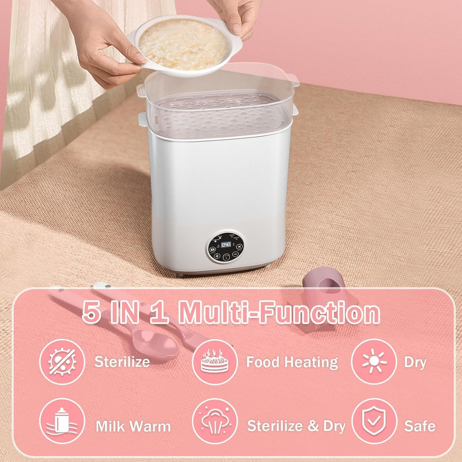 Baby Bottle Sterilizer and Dryer, 5-In-1 Large Capacity Bottle Sanitizer and Dryer, 2 Layers Compact Baby Bottle Electric Steam Sterilizer and Dryer for Baby Bottles, Pacifiers, Pump Parts image number 6