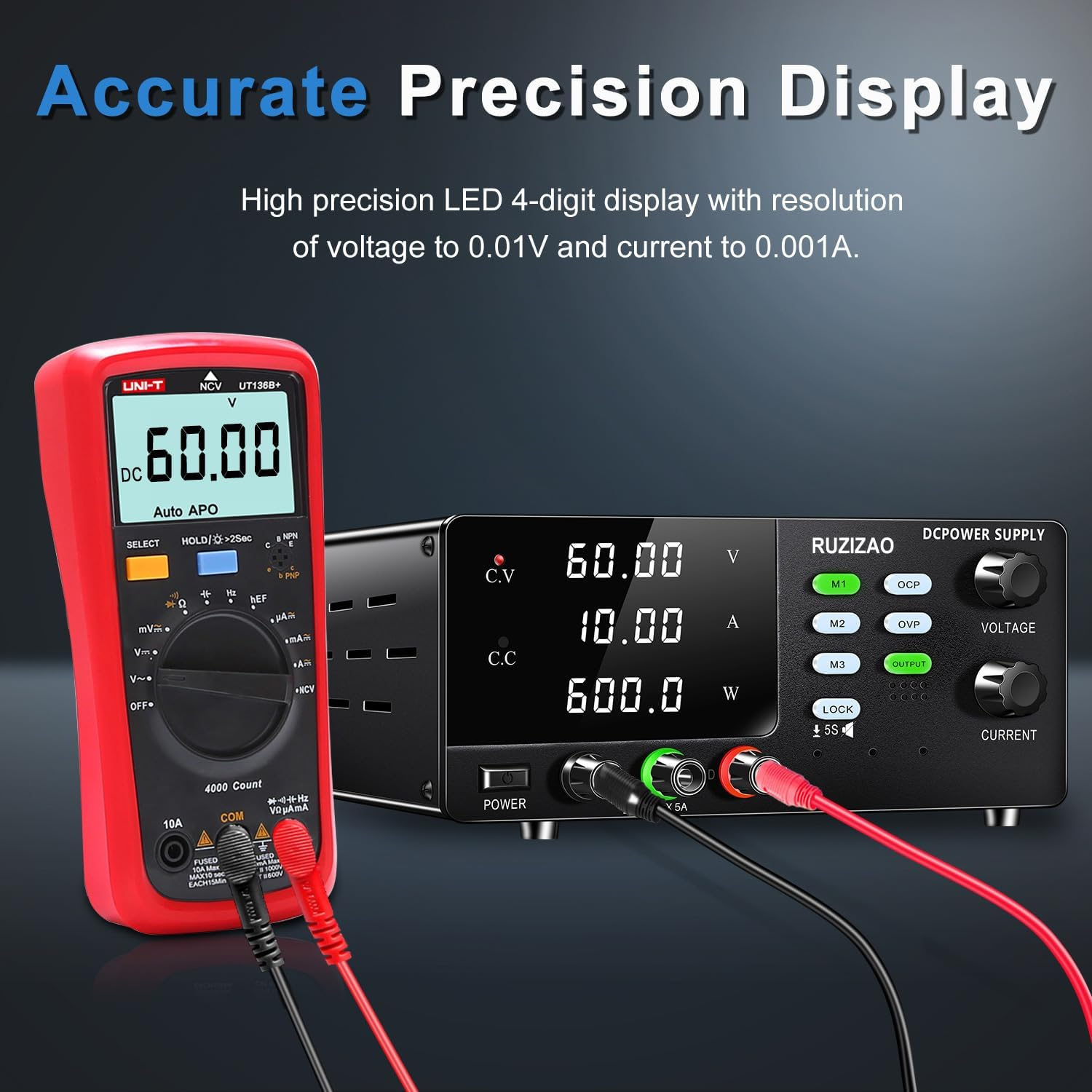 RUZIZAO DC Power Supply, 60V 10A 600W, High Power Adjustable Switching Regulated Benchtop DC Bench Power Supply, 3 Storage Modes, OCP/OVP Protection, Output/Lock Button, Encoder Knob image number 1