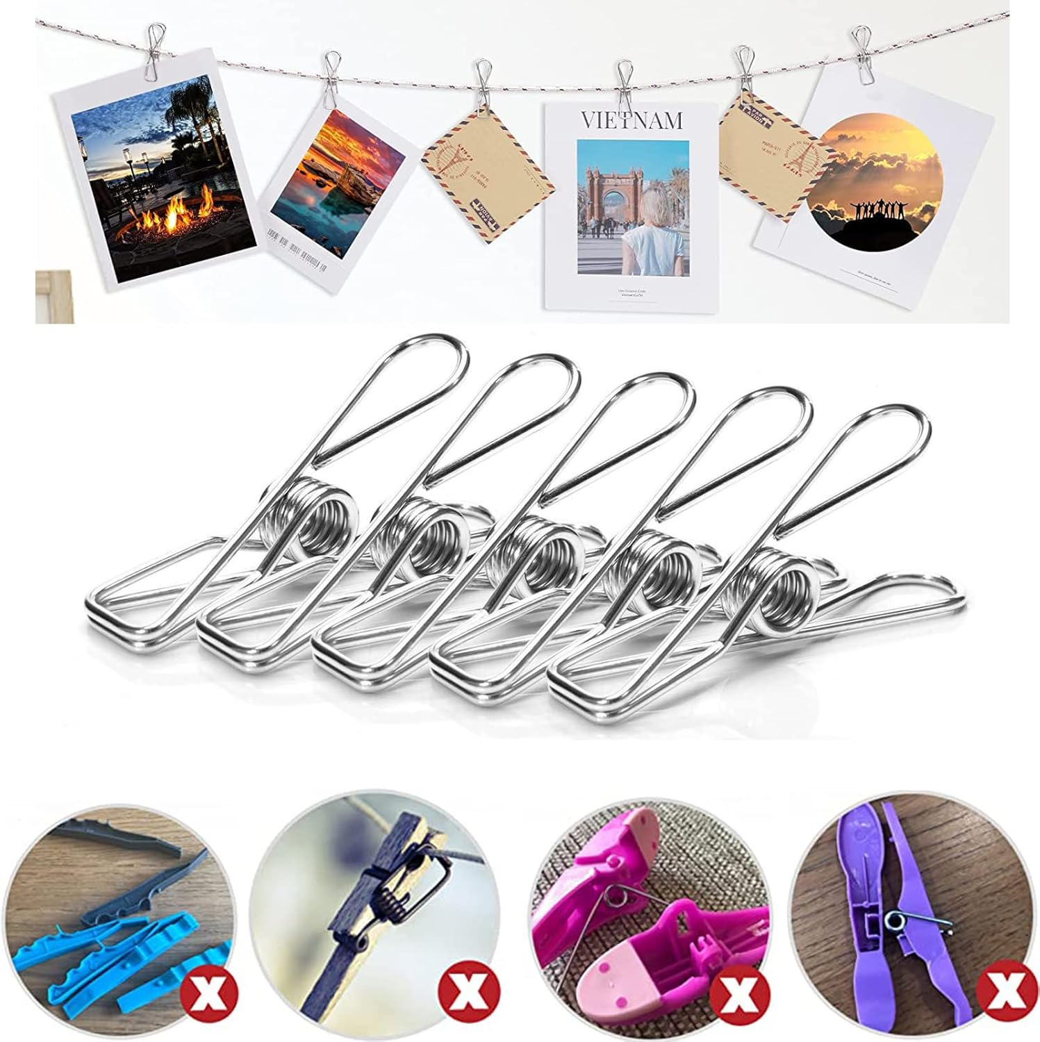 Clothes Pegs, 32 Pack Rustproof Stainless Steel Clothes Laundry Clips for Washing Line, Strong Grip Washing Line Clip, Laundry Pegs Clips for Snack Bags, Towels, Picture, Paper, Kitchen, Office