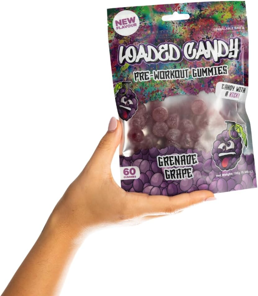 Loaded Candy Grenade Grape Pre-Workout Gummy, Low Calories & Sugar Free, Zero Crash, Zero Bloating & Natural Caffeine, Gluten Free, Vegan, Halal, Kosher image number 3