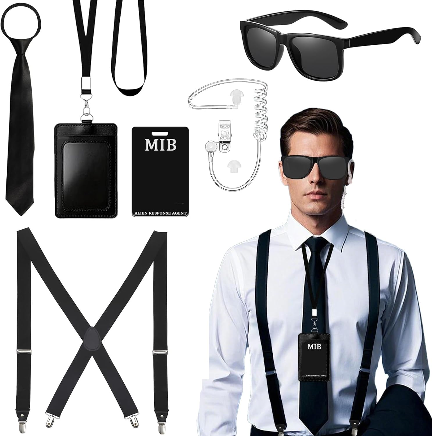 7PCS Agent Costume Accessories Set, Secret Service Fancy Dress Kit, Adult Spy Outfit with Suspenders Sunglasses Necktie Earpiece Zip Tie ID Card Holder for Men Cosplay Dress up Party Props