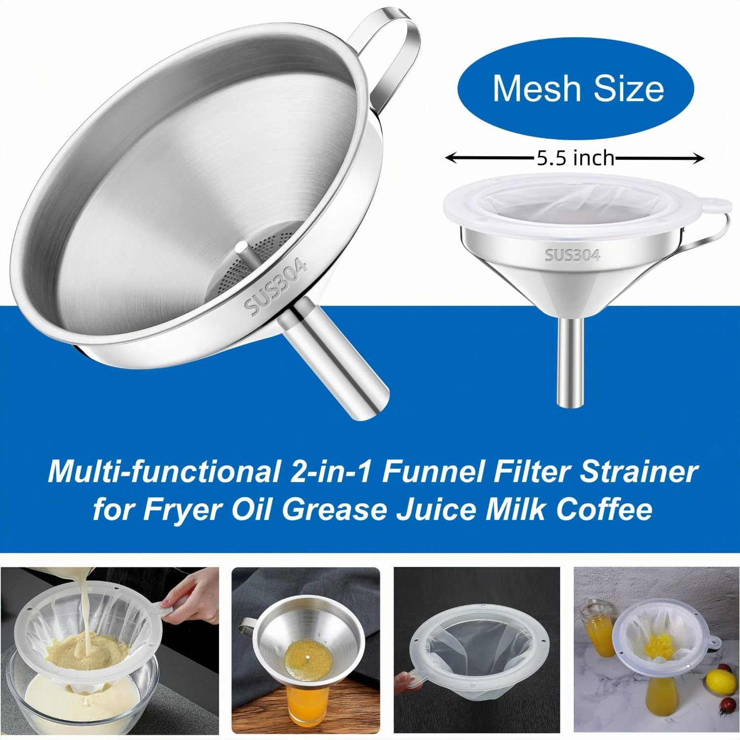 Stainless Steel Kitchen Funnel, 12.7 Cm, with 200 Mesh Filter Strainer, Food Grade SUS304 image number 3