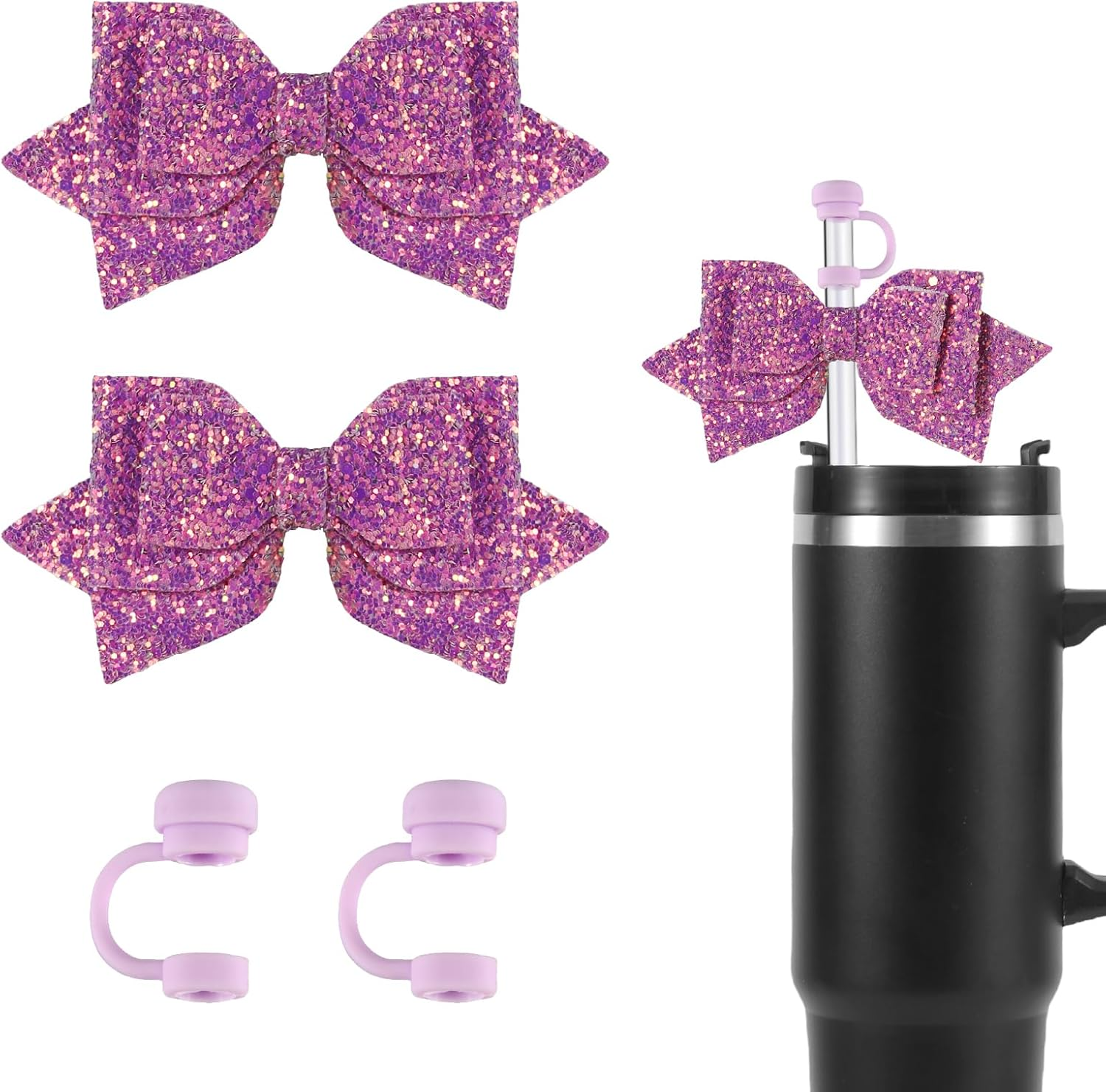 2Pcs Bow Charms & 2Pcs Straw Toppers, Cute Straw Lid Cover Caps Decorations Decor Accessories for Stanley Cup (Purple)