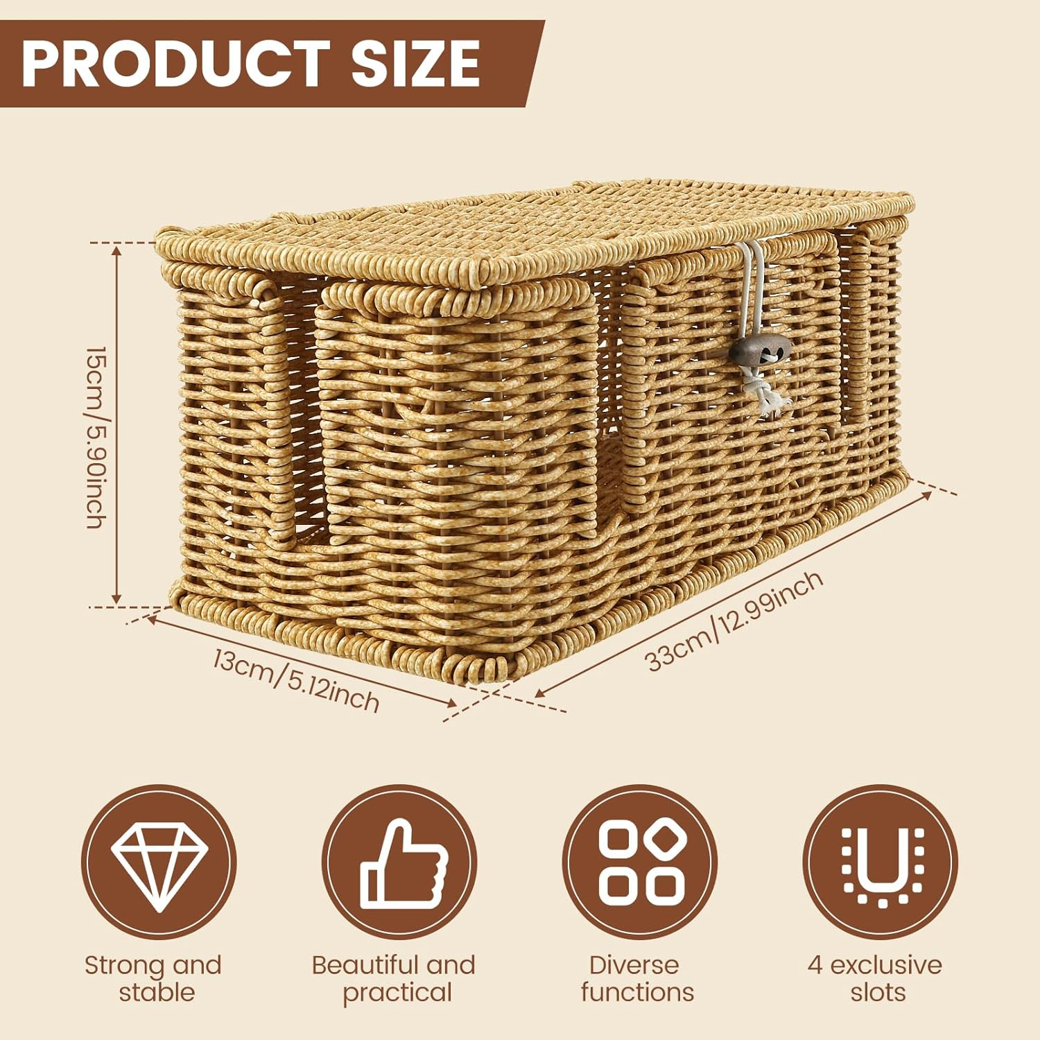 Handmade Rattan Cable Management Box,3 Open Slots Cords Hider Boxs, Safe Practical Cords Holder Functional Cable Organizer Solid under Desk Cord Hider Box for Home Using image number 1