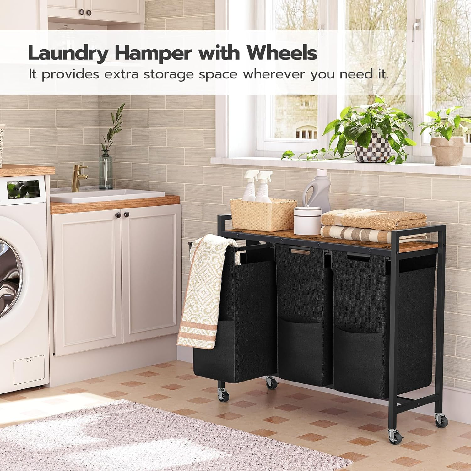 HOOBRO Laundry Sorter 3 Section,Rolling Laundry Hamper with Wheels, 3 &times; 11.5 Gal (43.5 L), Pull-Out and Removable Oxford Fabric Laundry Bags, Rustic Brown and Black BF76XY01 image number 5