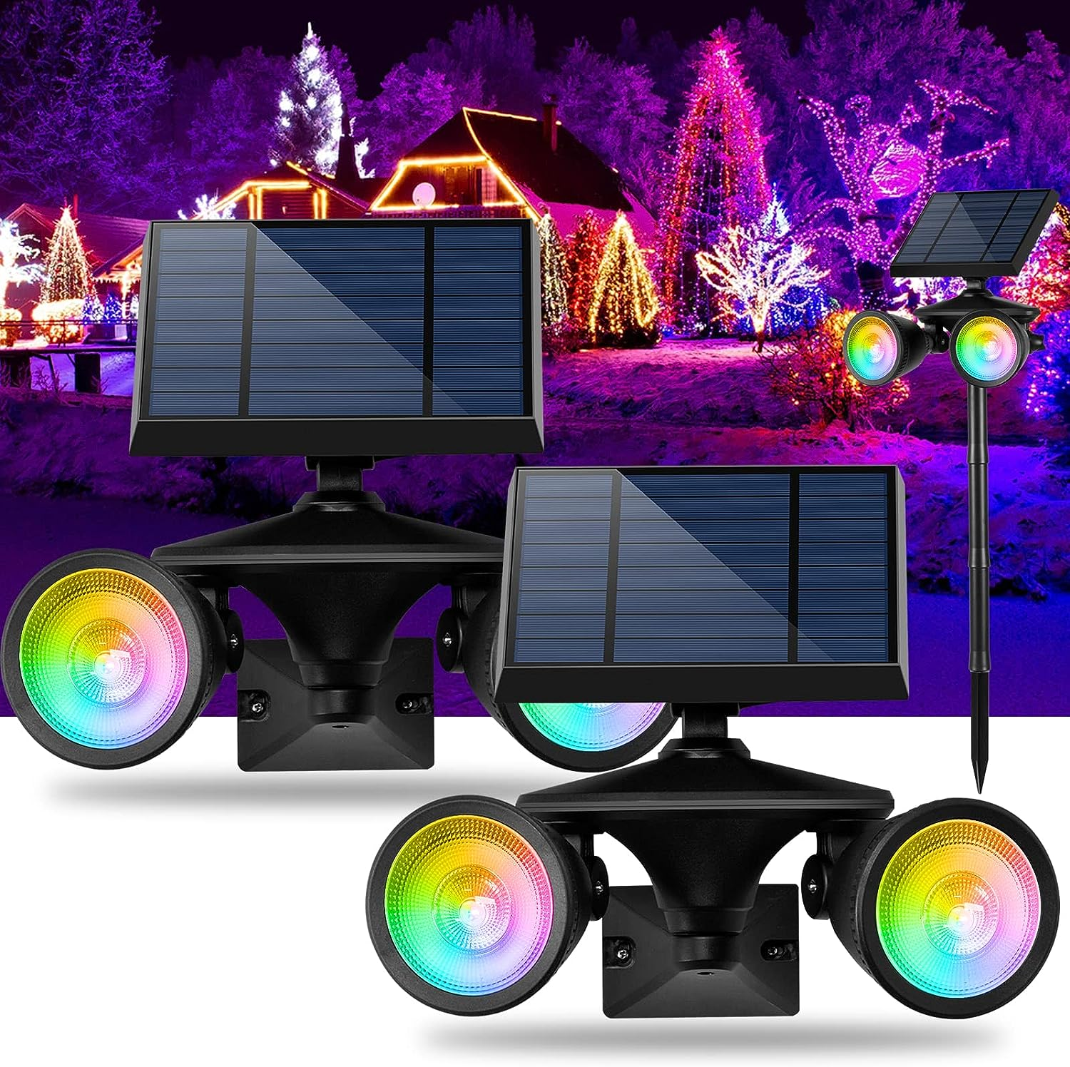 Solar Spotlights Outdoor Waterproof, 7-Color Cycling Landscape Light Dusk to Dawn, Stake Solar Lights Stay on All Night, Solar Uplights for Yard/Patio/Outside Decor/Halloween/Christmas, 2-Pack image number 2