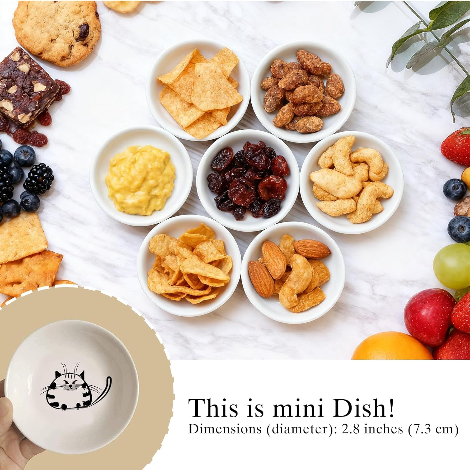 Super Cute Cat Ceramic Sauce Dish,Mini Side Seasoning Dish,Condiment Dishes,Sushi Soy Dipping Bowl,Snack Serving Dishes,Meow Porcelain Small Saucer Set(Set of 6) (7Cm) image number 1