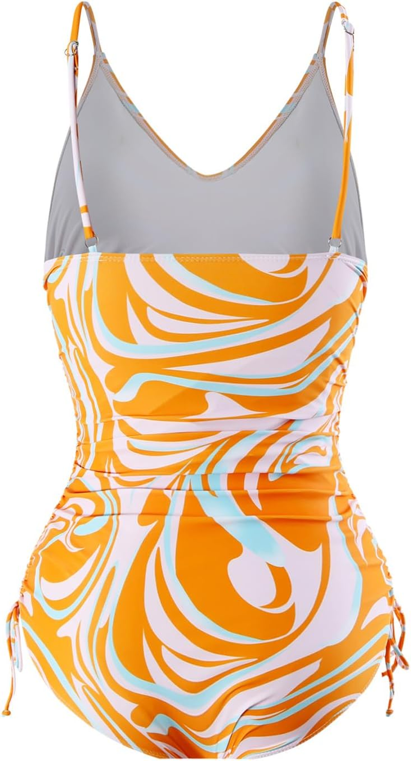 Maternity Swimsuit, Orange Swirl Pattern, V-Neck One-Piece with Ruched Sides image number 2