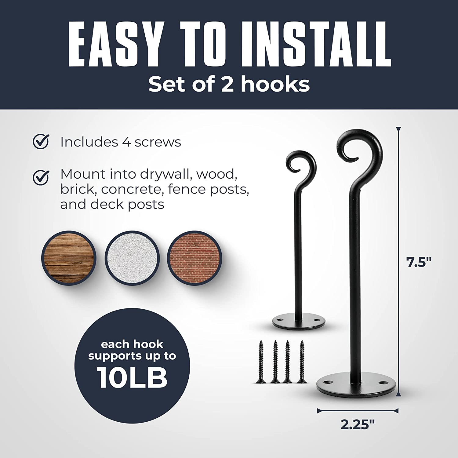 Monarch Abode 20144 Wall Mount Plant Hook Premium Metal Decorative Hanging Bracket for Plants Bird Feeders Planters Home Decor, Heavy Duty, 7.5 Inch, Set of 2, Matte Black image number 1