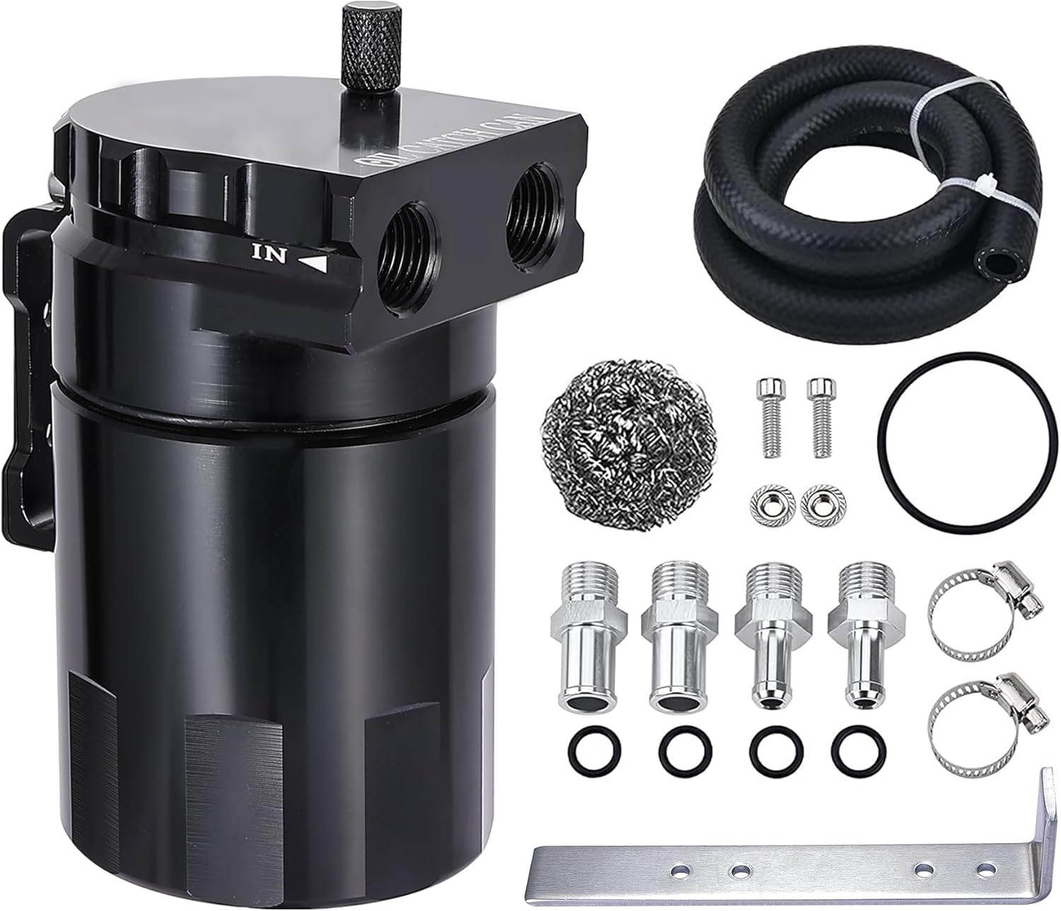 EVIL ENERGY Baffled Universal Oil Catch Can Reservoir Tank Kit with 3/8" NBR Fuel Line and Steel Wool Aluminum Black 400Ml