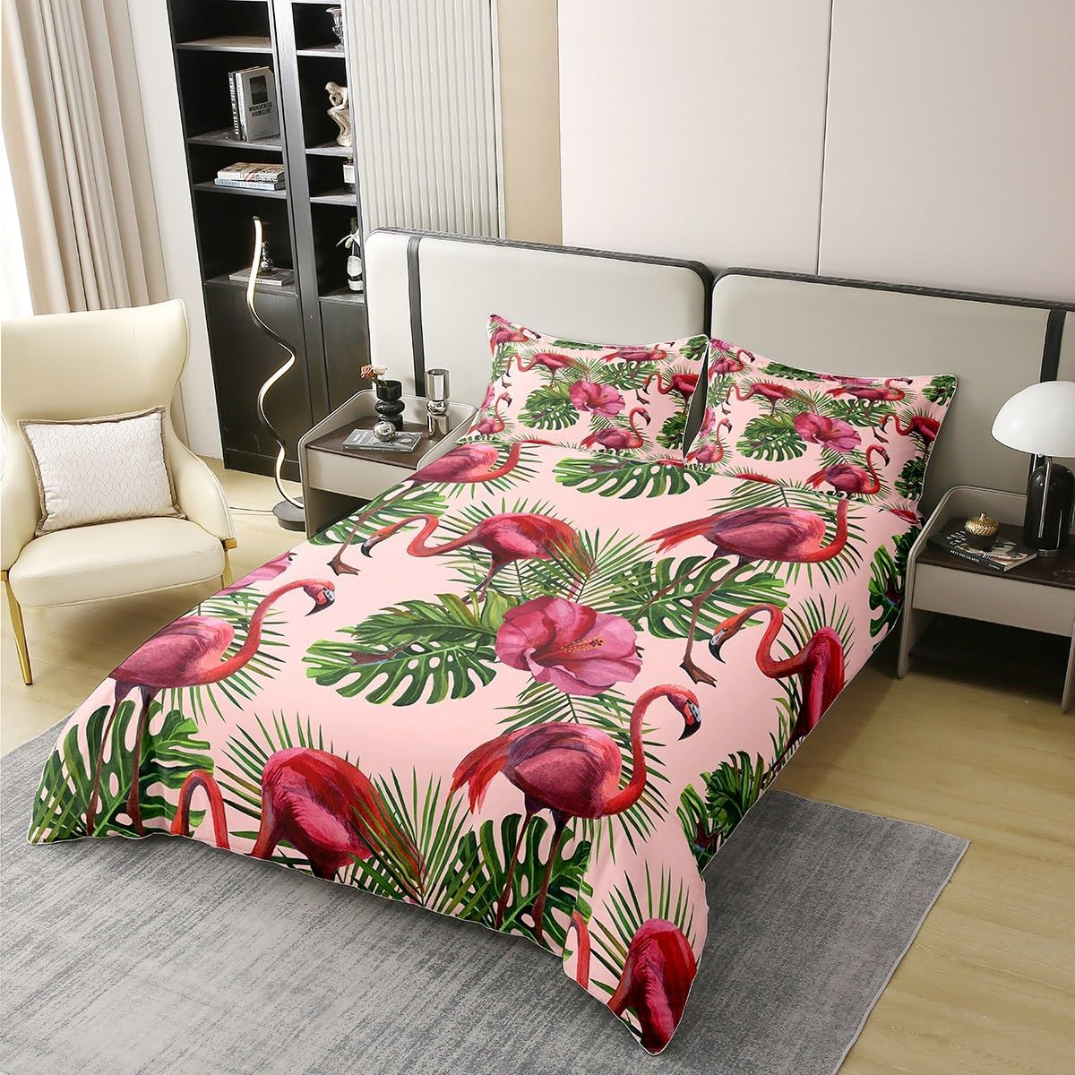 Loussiesd Flamingo Duvet Cover Set 155 X 220 Cm Children'S Tropical Flamingo Flroal Bed Set for Boys Teenagers Tropical Leaves Flower Bedding Set 100% Cotton Leaf Pattern Red Bedding Set image number 6
