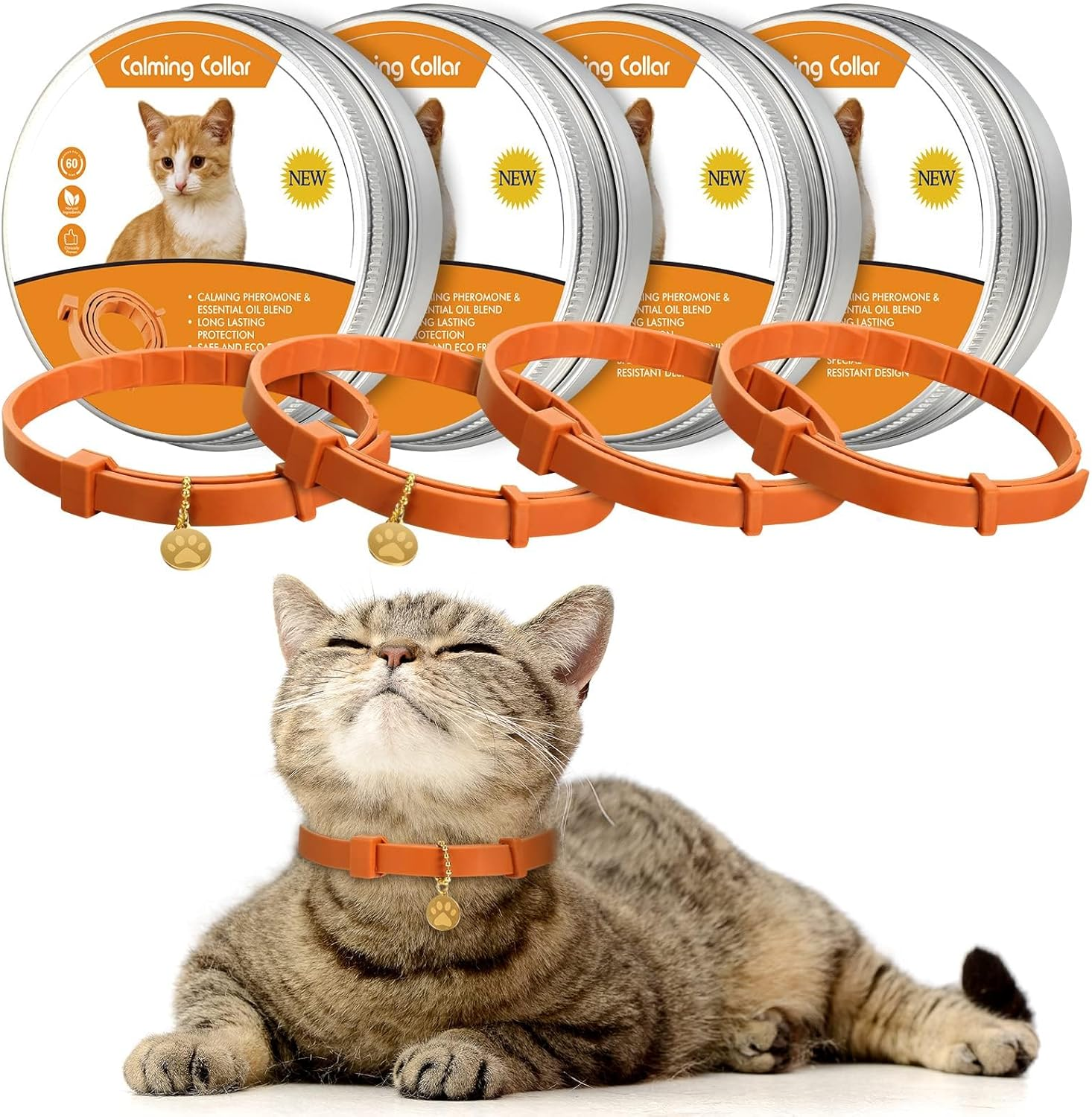 4 Pcs Calming Cats Collar Adjustable Cat Calm Collar Lavender Scent Relaxing Cat Collar with 2 Pendant for Puppies Cats Reduce Stress Aggression Anxious, up to 15 Inches (Orange) image number 4