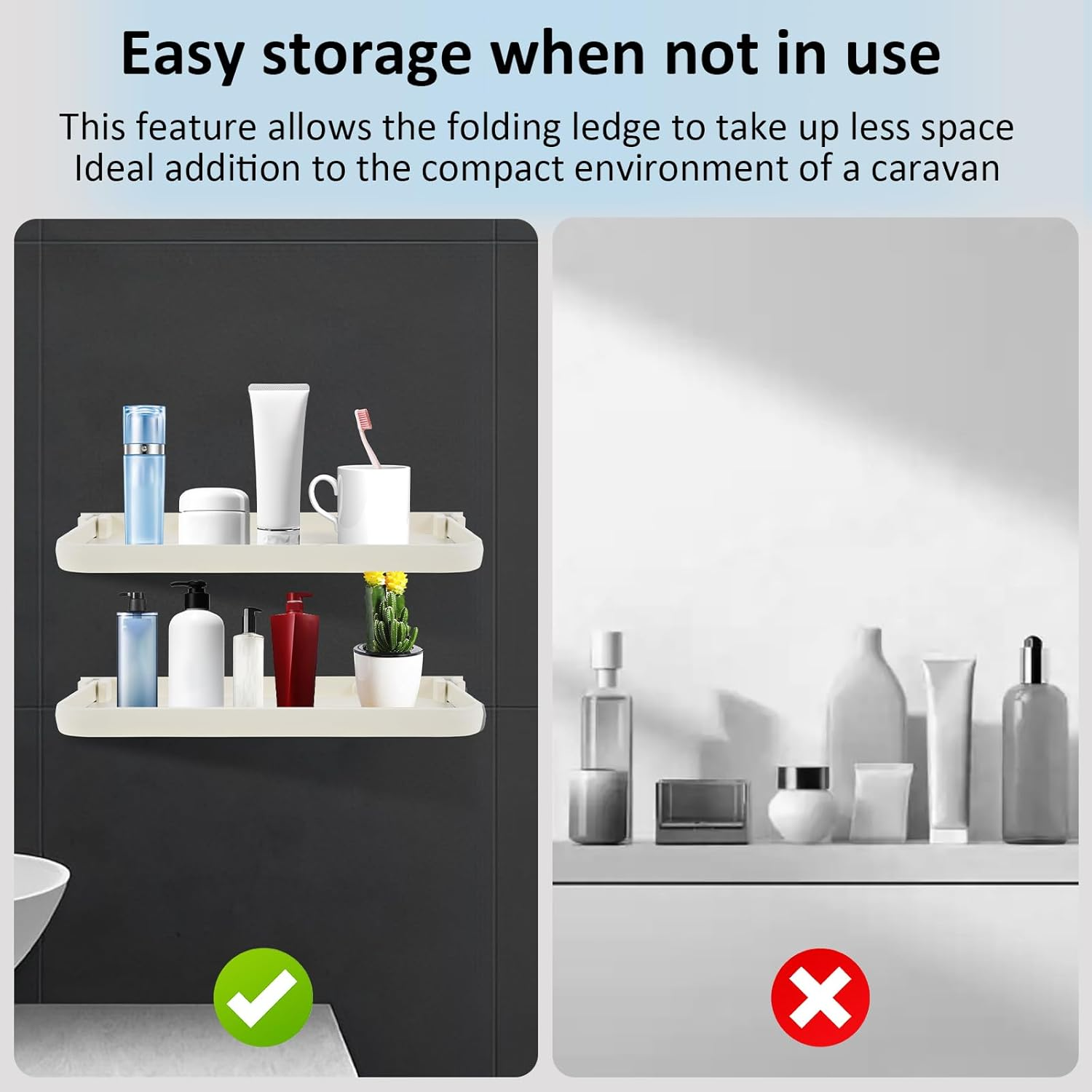 2Pcs RV Aluminum Foldable Shelf, Wall Mounted RV Floating Shelf, Space Saving Compact Fold down Shelf Shelf, Versatile RV Floating Shelf for Camper Car,Caravans Bathroom, Laundry Room,Easy Install image number 4