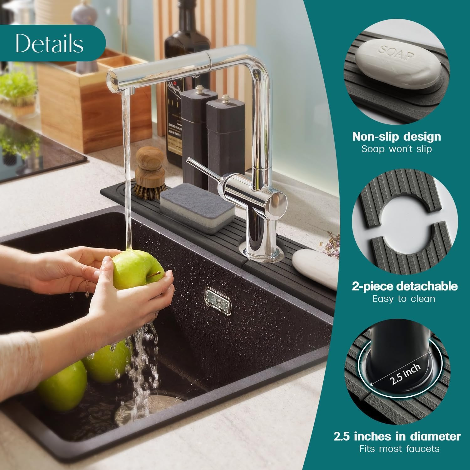 WADY Faucet Mat for Kitchen Sink, Kitchen Faucet Absorbent Mat - 23.6'' Long Diatomaceous Earth Splash Guard for Sink Faucet, Aesthetic Water Absorbing Stone Tray in the Modern Home (Dark Grey) image number 5