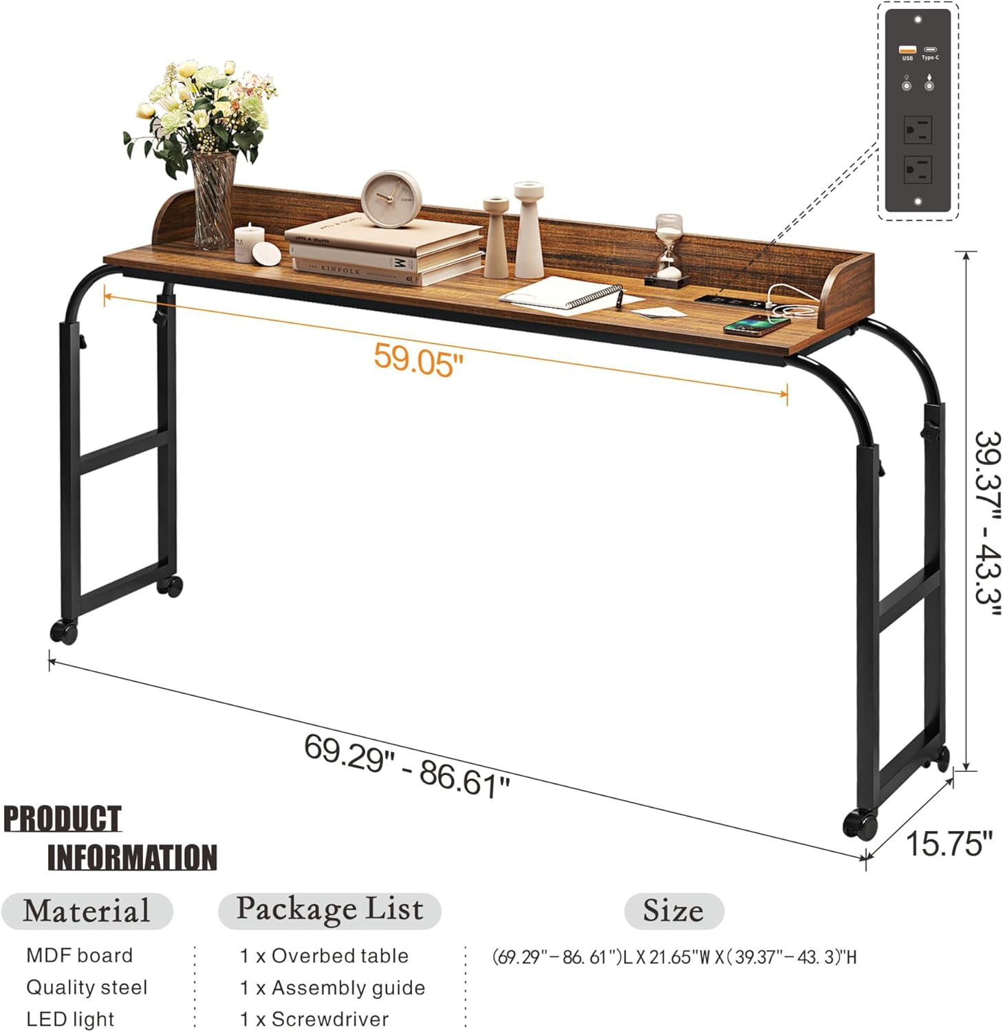 Dystler Overbed Desk with Charging Station-Over Bed Table-Adjustable Length/Height with Wheels - Human Sensor LED Light Mobile Queen Size Bed Table Rolling Tray Table for Eating & Laptops, Brown