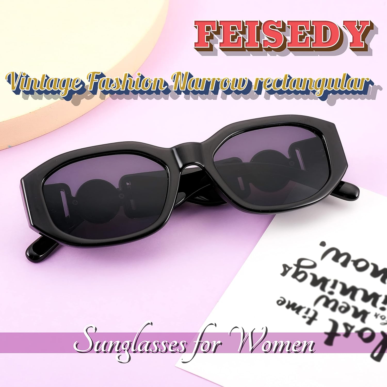 FEISEDY Retro Trendy Rectangle Sunglasses for Women Men Vintage 90S Small Narrow Square Shades B2322 - Black Frame/Grey Lens image number 3