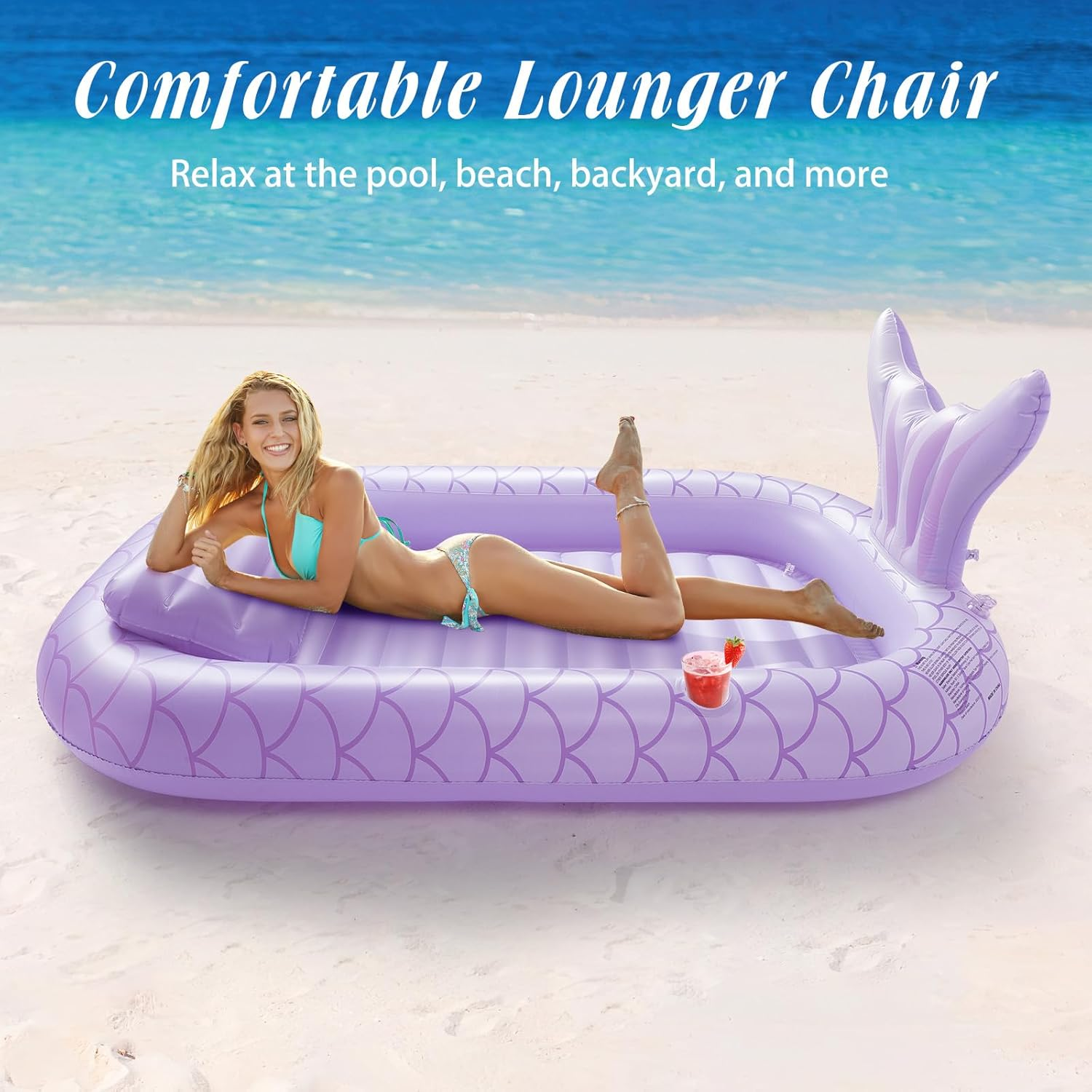 Heysplash Aufblasbares Pool Luftmatratze Mit Tassenhalter, Pool Aufblasbares Bett in Meerjungfrau Schwanzform Sommer Pool Spielzeug Tragbar Gro&szlig;e Aufblasbare Br&auml;unung Pool Freien Schwimmende Fl&ouml;&szlig;e - Blue Palm Leaf image number 4