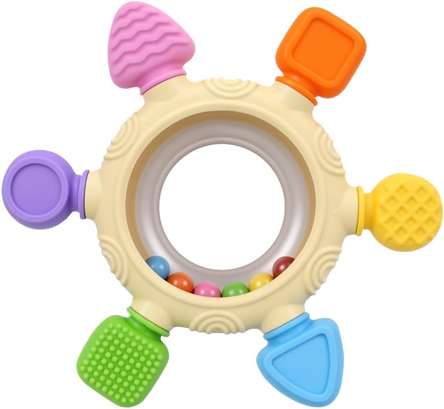 Baby Teething Toys with Rattle Handle - Six-Finger Silicone Teether for Infants 0-6 Months & Toddlers 1-3 Years, Food-Grade Bpa-Free Baby Teether, Sensory Chewing Toy for Sore Gums image number 1