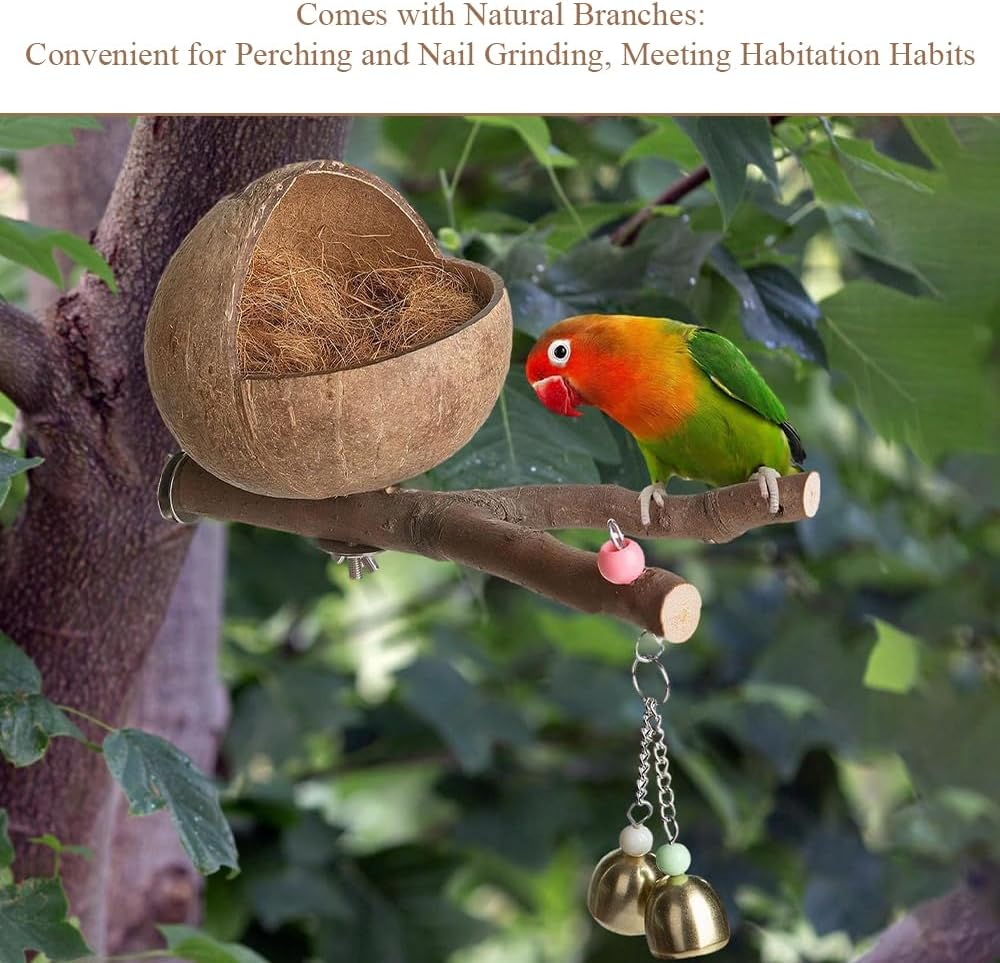 Natural Coconut Shell Bird Nest, Handmade Parrot Nesting House &ndash; Soft Fiber Lining & Durable Shell, with Pinecone/Bell Decor for Pet Birds (25 X 12 Cm) image number 3