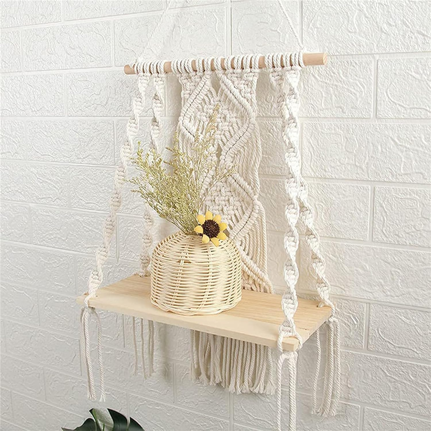 Macrame Wall Hanging Shelf, Handmade Boho Floating Wood Shelf with Decorative Rope, Indoor/Outdoor Plant Display Storage Shelf image number 2