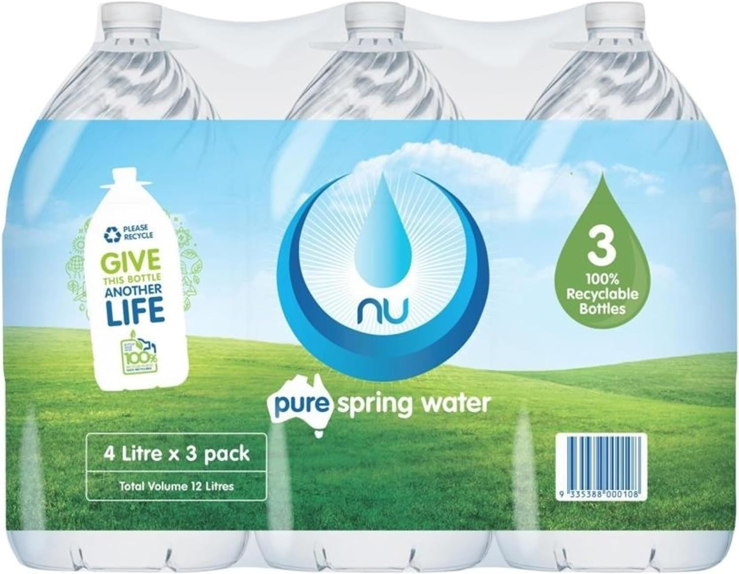NU Pure Spring Water Bottle 3 X 4 Litre