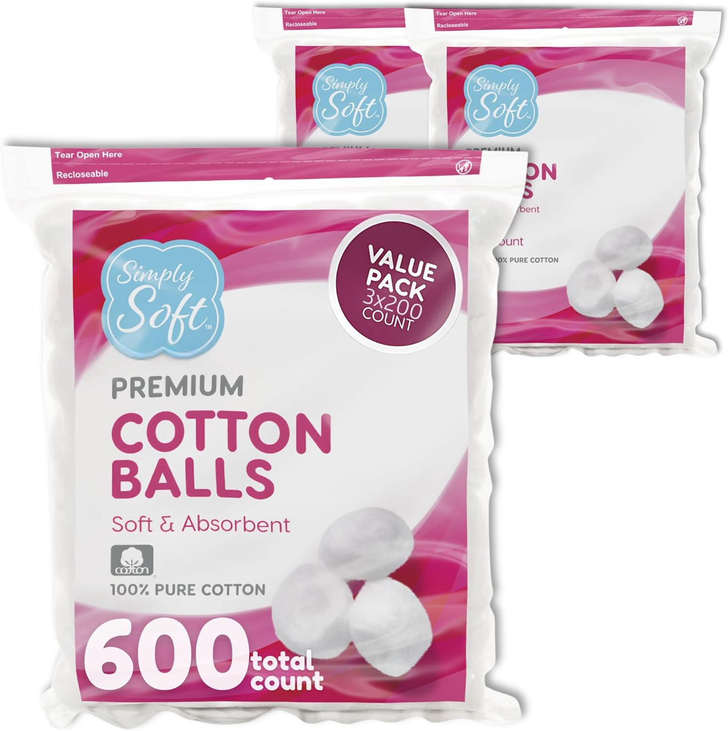 Simply Soft Premium Cotton Balls, 100% Pure Cotton, Absorbent, 600 Count (3 - 200 Count Bags) image number 2