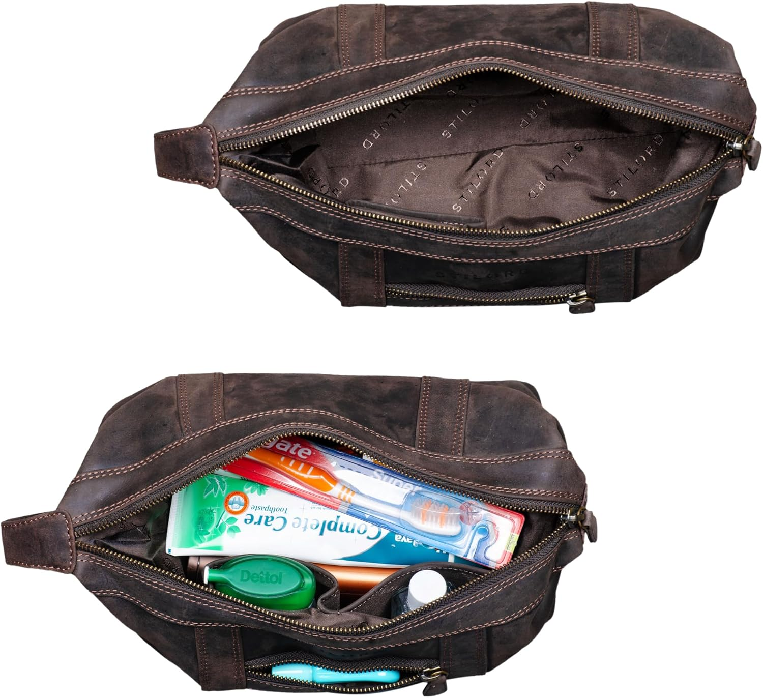 STILORD 'Bruno' Leather Toiletry Bag Vintage for Men Women Large Toiletry Bag Two Compartments Wash Bag with Handle for Travel - Dark - Brown image number 6