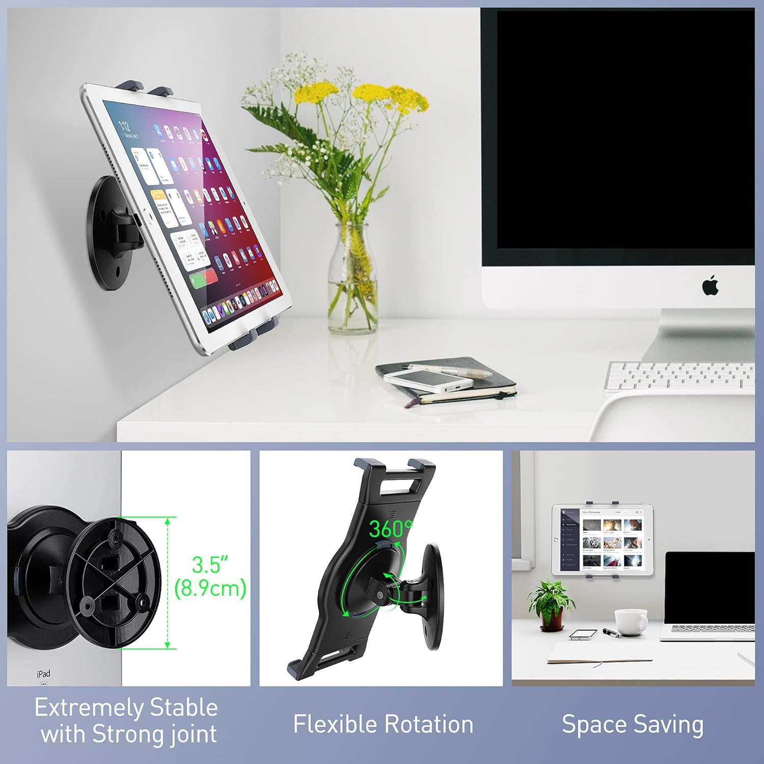 Abovetek Ipad Wall Mount, Swivel 360&deg; Rotating Tablet Holder Two Brackets to Fit 6-13" Tablets, Horizontal/Vertical Tilt Ipad Arm for Flexible Viewing Angles in Kitchen Showroom Retail Store (Black) image number 4