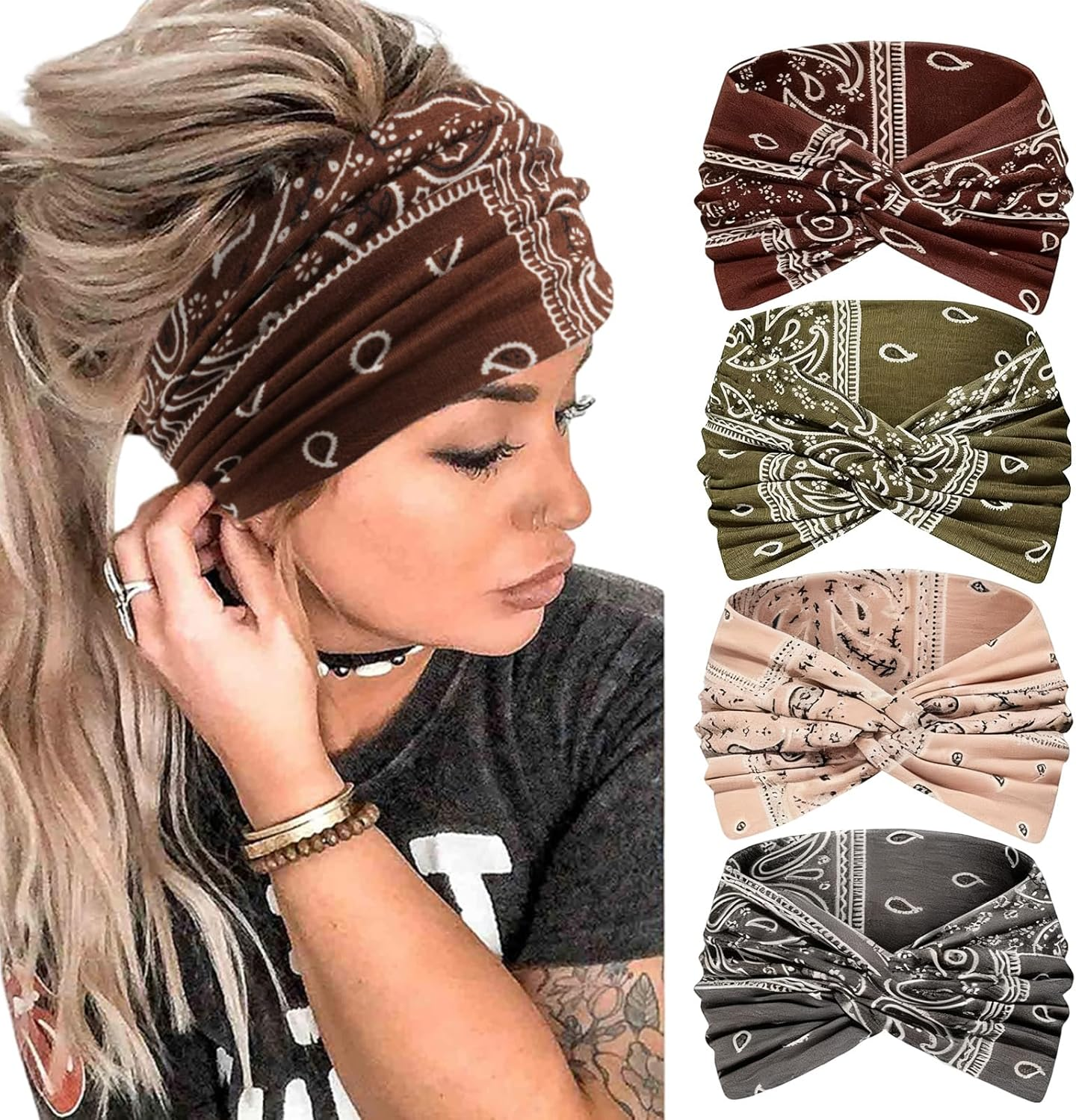 PLUSHCEWT Pack of 4 Women'S Headbands - Soft Polyester Boho Design Headband Women for Yoga, Sports & Everyday Use with Non-Slip Hold image number 4